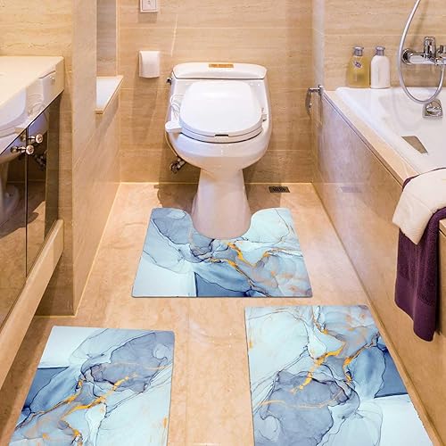 Miniatura 2 de EMMTEEY Alfombra de baño de mármol azul para baño, juego de alfombras de baño antideslizantes de 3 piezas con alfombra de baño en forma de U,