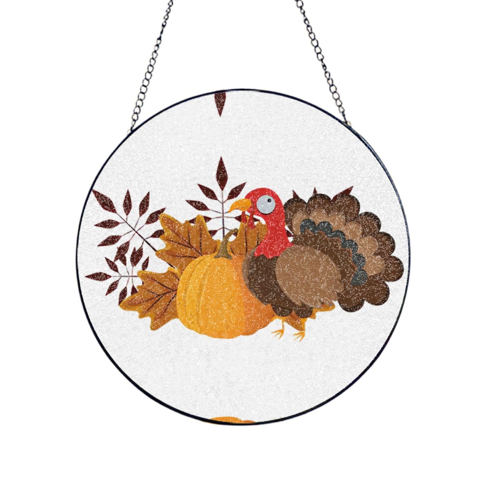 Phayah Happy Thanksgiving Turkey Pumpkin Print Glass Window Hanging Round Suncatcher Glass Ornament Garden Wall Fence Decorations Indoor Outdoor 8in（20cm）