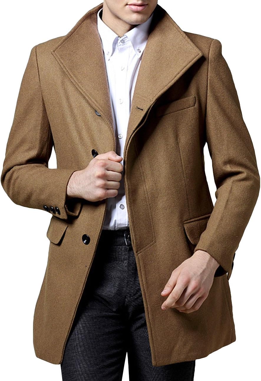 FGYP Men's Slim Fit Wool Single Breasted Spring Khaki Trench Coat 2XL