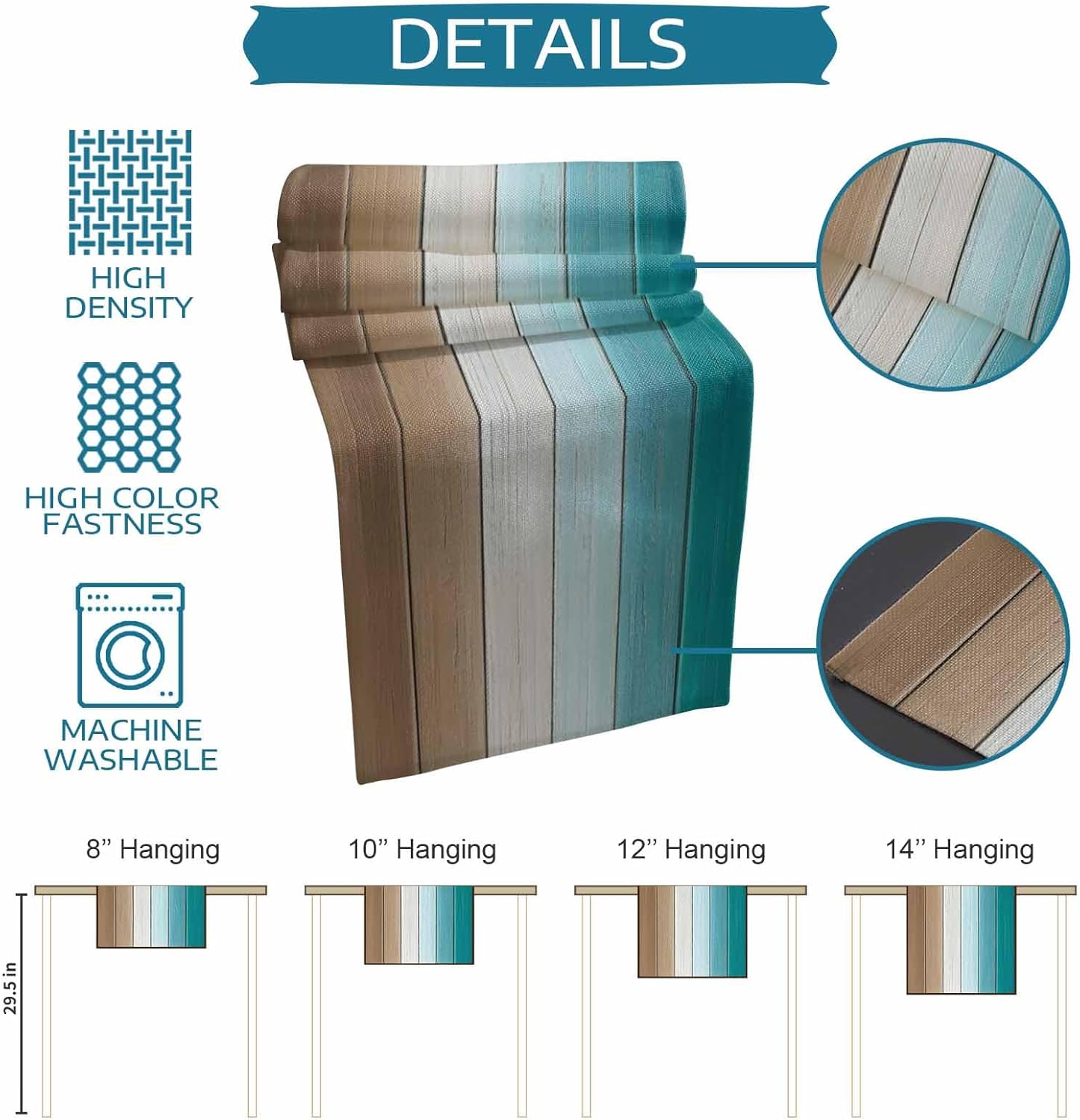 Teal Brown Table Runner and Placemats for Dining Tables,Burlap Coffee Table Runner 70 Inch Long Rustic Vintage Abstract Ombre Wooden Plank Washable Place Mats for Kitchen Party Placemats Set of 2