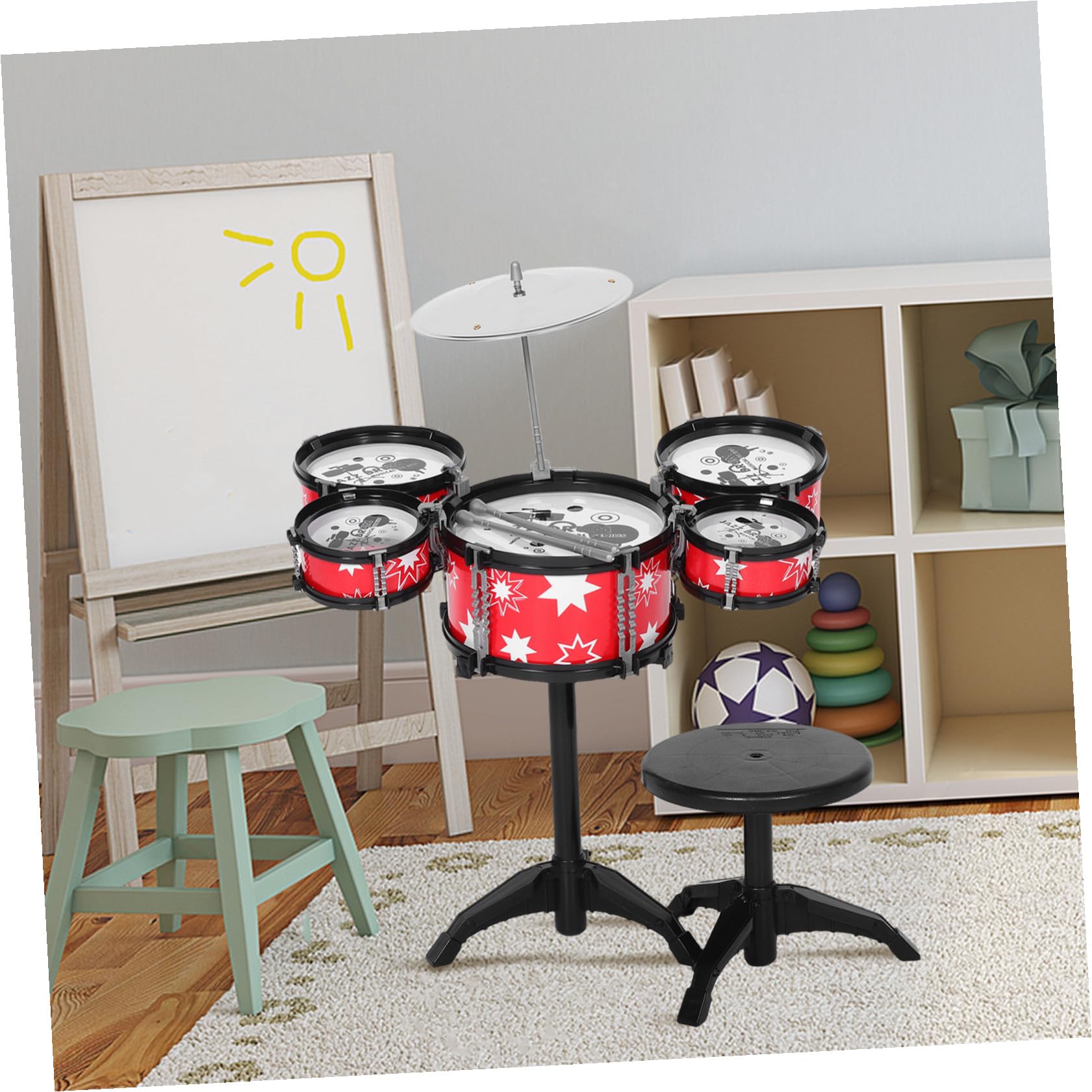 Juego de Batería para Pequeños, Batería de Percusión Abs Roja Borde Negro, 5 Tambores Taburete y Baquetas, Instrumento Musical Educativo para Desarrollo Temprano y Ritmo, Juguete