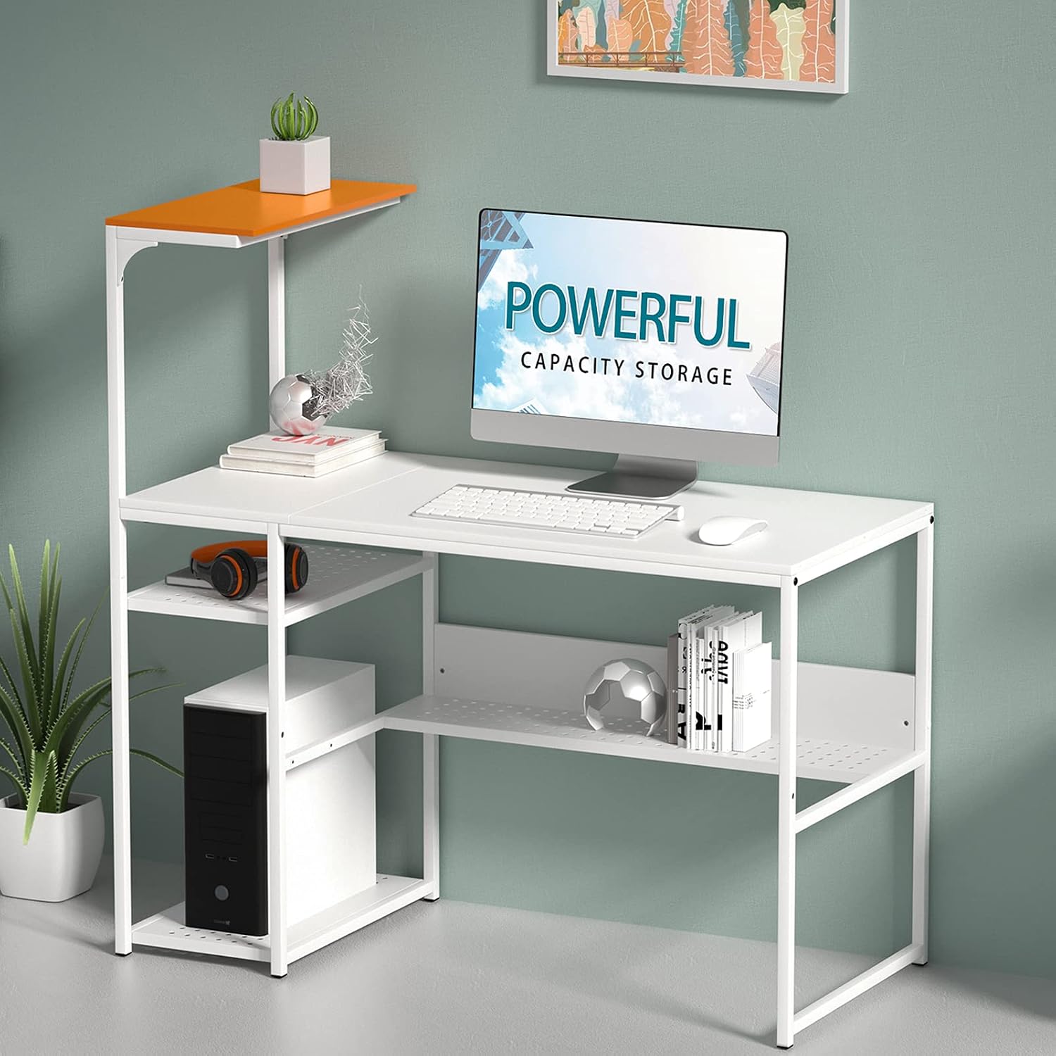 SINPAID Home Office Computer Desk, 47 Inch Study Writing Table, Modern Simple Style PC Desk,Space Saving, Easy to Assemble, for Small Space Bedroom, (Persimmon & White)