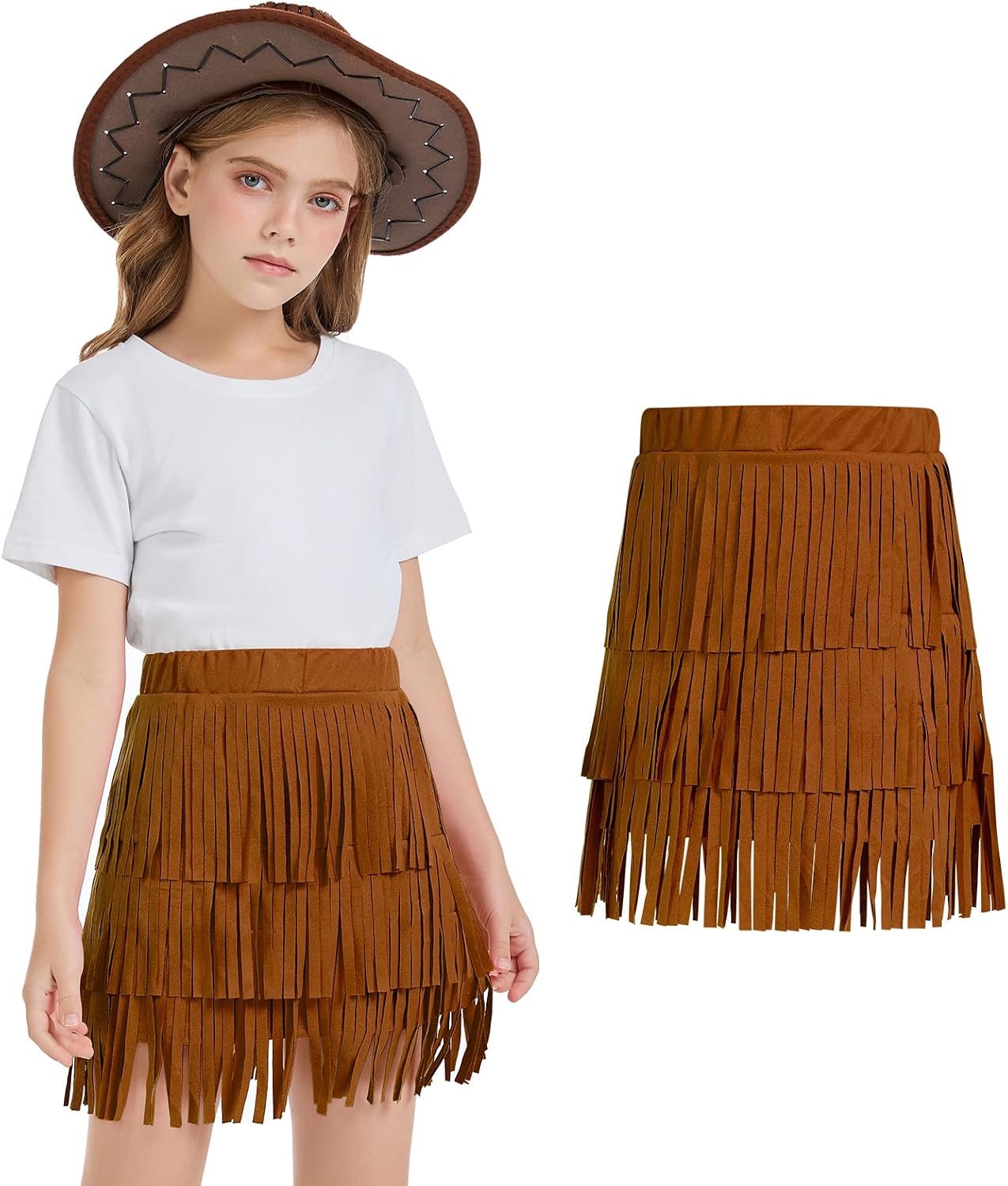 Girls Kids Fringe Skirts 60s 70s Hippie Skirt Cowgirl Western Faux Suede Tassel Leather Skirt Hallowee