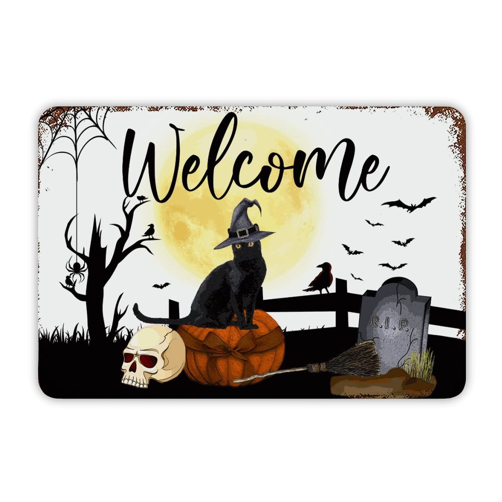 ENEDNATE Farmhouse Rustic Aluminum Sign Welcome Halloween Black Cat Bats R.I.P and Pumpkins Metal Sign Retro Aluminum Tin Sign for Kitchen Bedroom Living Room Wall Art Door Home Decor Sign 8x12 Inch
