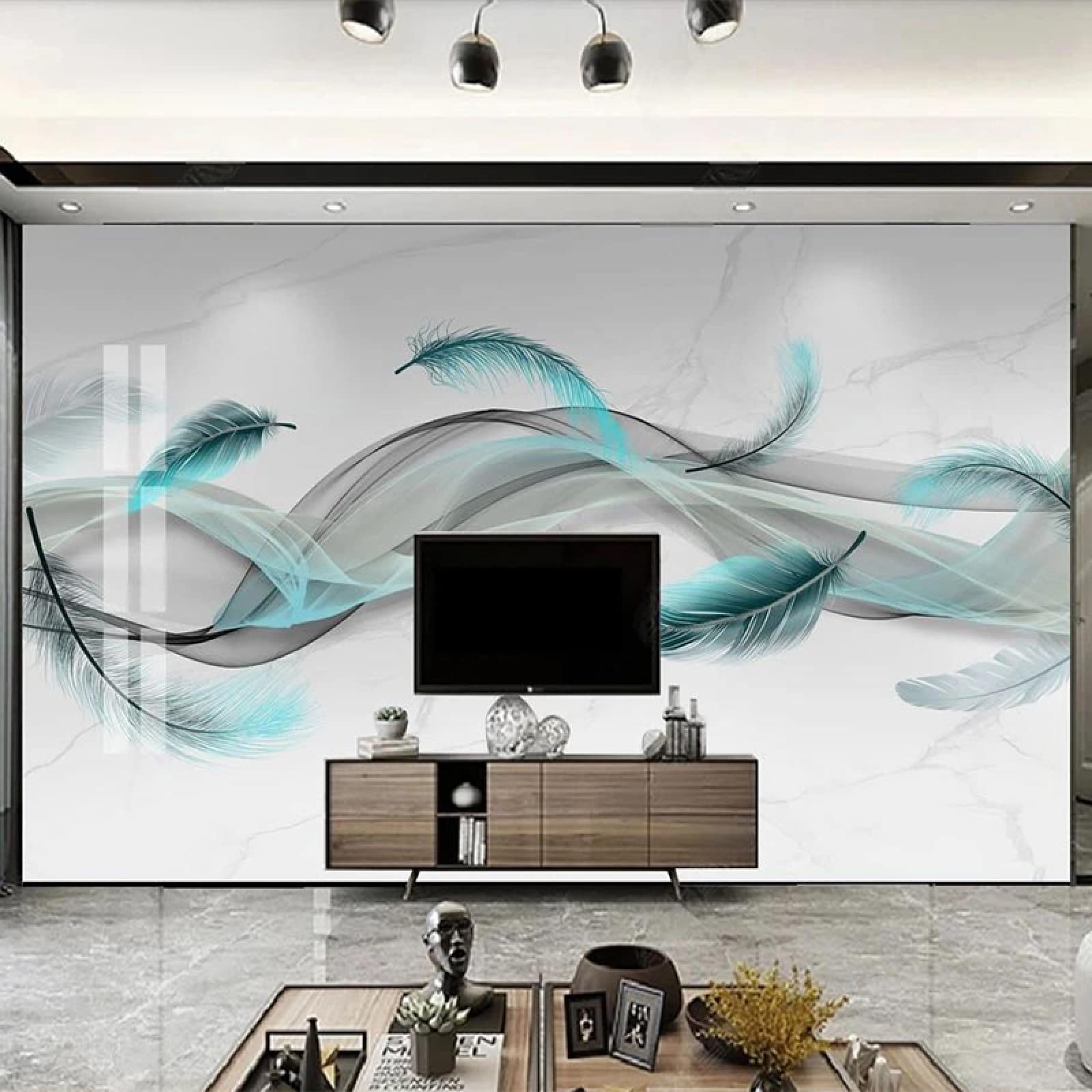 Mural plume bleu marbre transforme votre salon en un écrin moderne