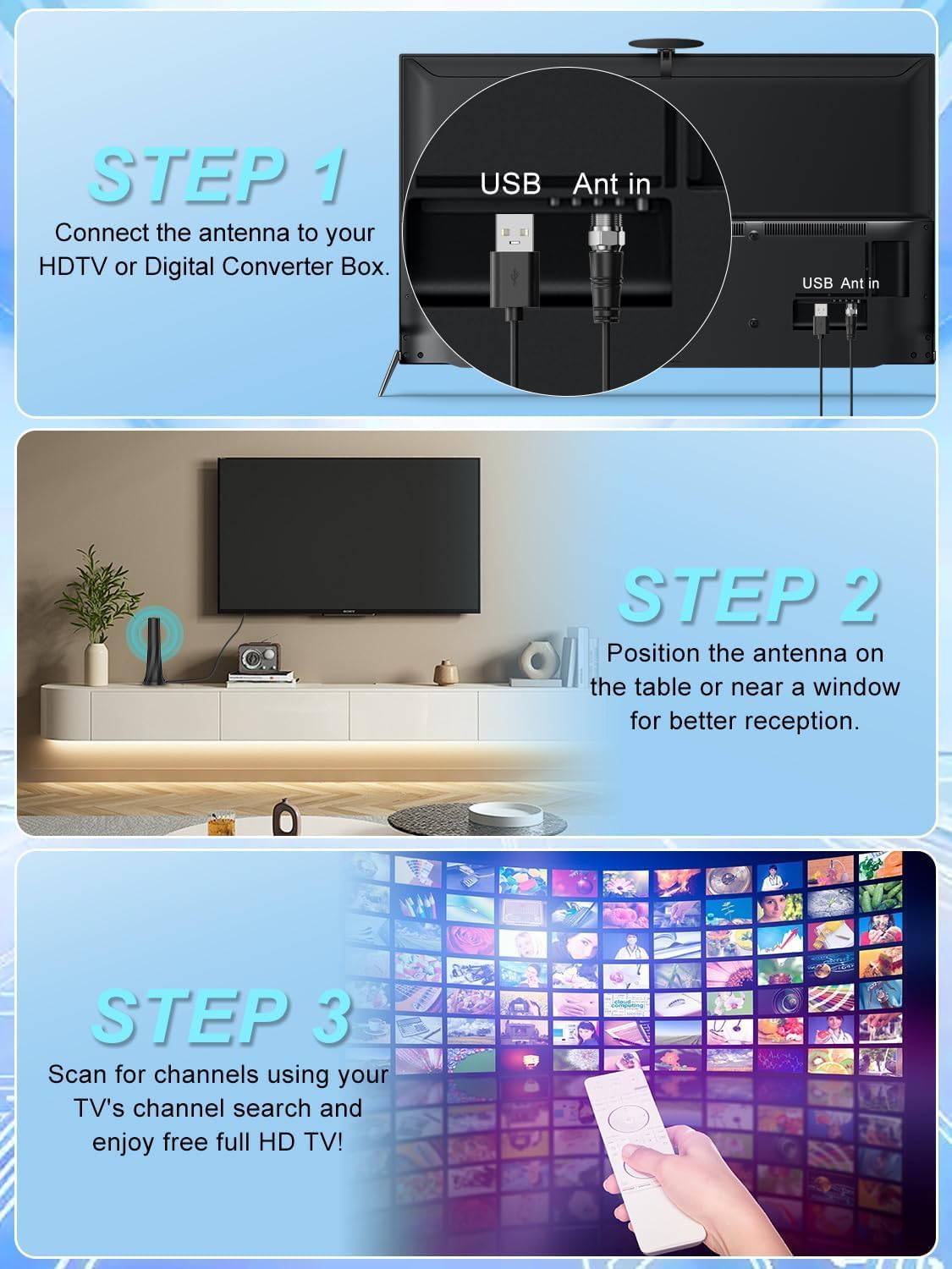 DVB-T/T2 Antenne mit Verstärker für Innen, Zimmerantenne für Fernseher, 360°-Empfang, Unterstützt 4K/1080P HD-Kanäle und alle Fernseher.