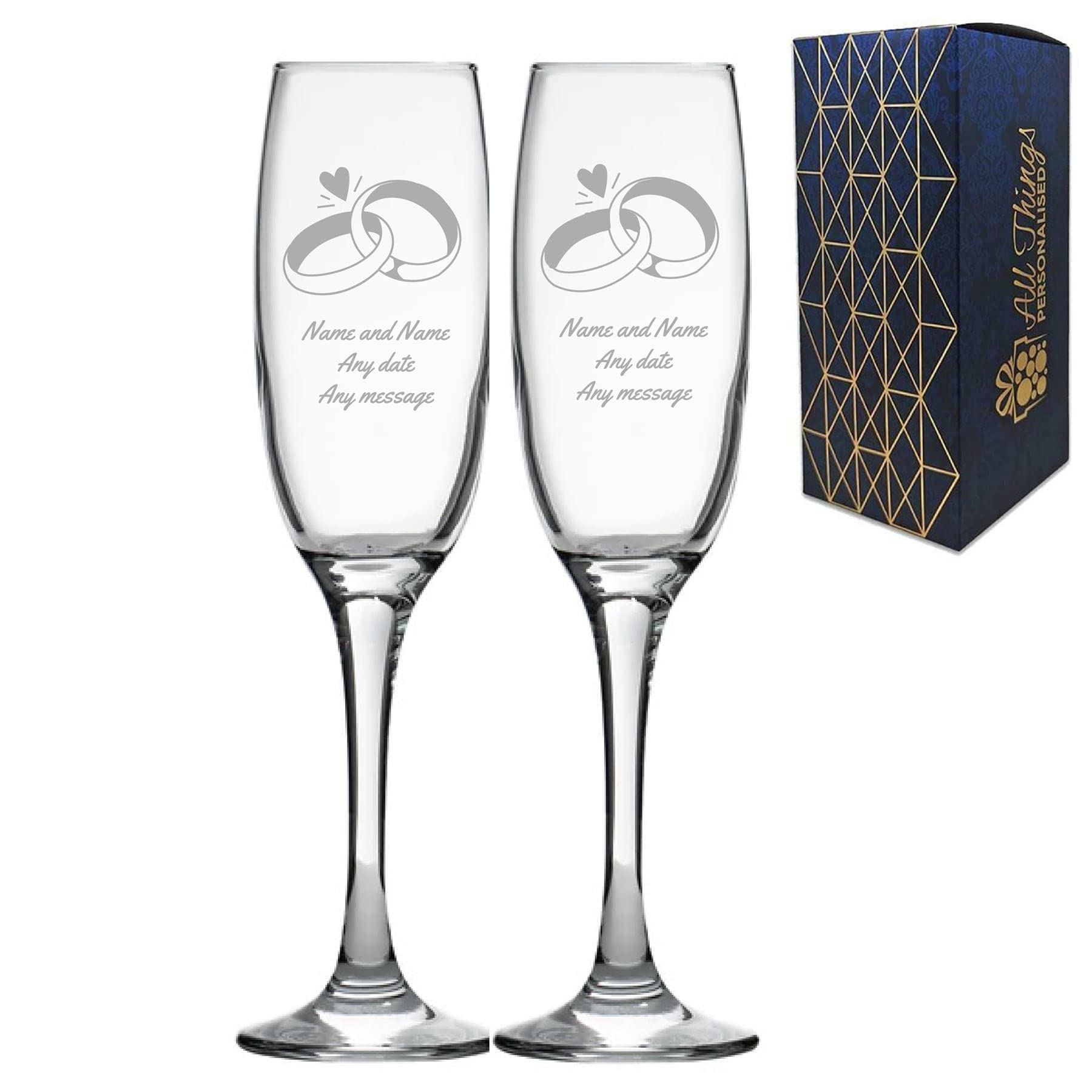Ensemble de verres à champagne de mariage gravés personnalisés avec n'importe quel message, n'importe quelle date, conception d'alliances, deux verres à champagne personnalisés de 7 oz / 207 ml
