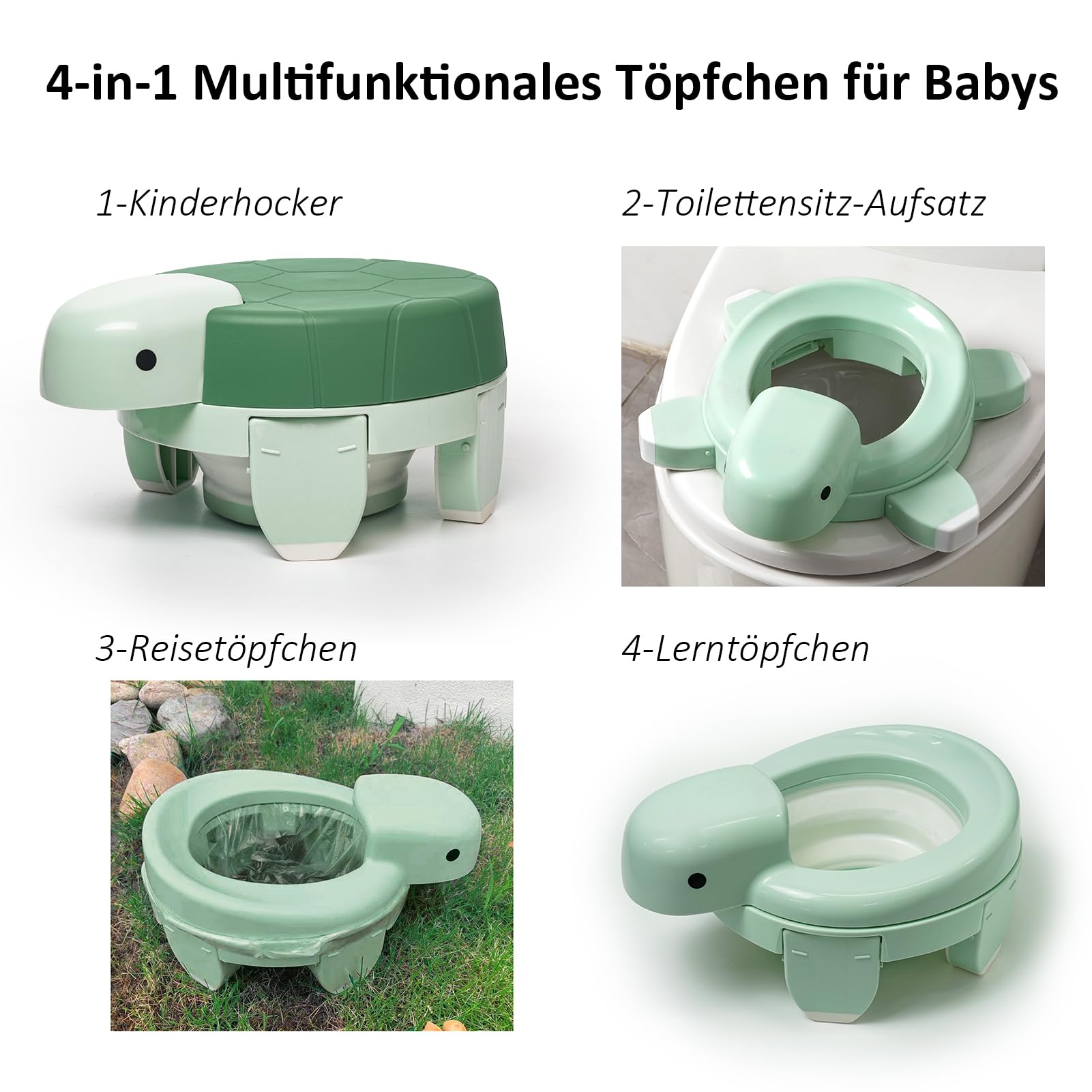 4-in-1 Tragbarer Reise-Töpfchen für Kleinkinder – Zusammenklappbarer, Kompakter Töpfchen-Sitz mit Spritzschutz & Rutschfester Basis – Ideal für Roadtrips, Camping, Wandern, Outdoor-Abenteuer (Grün)