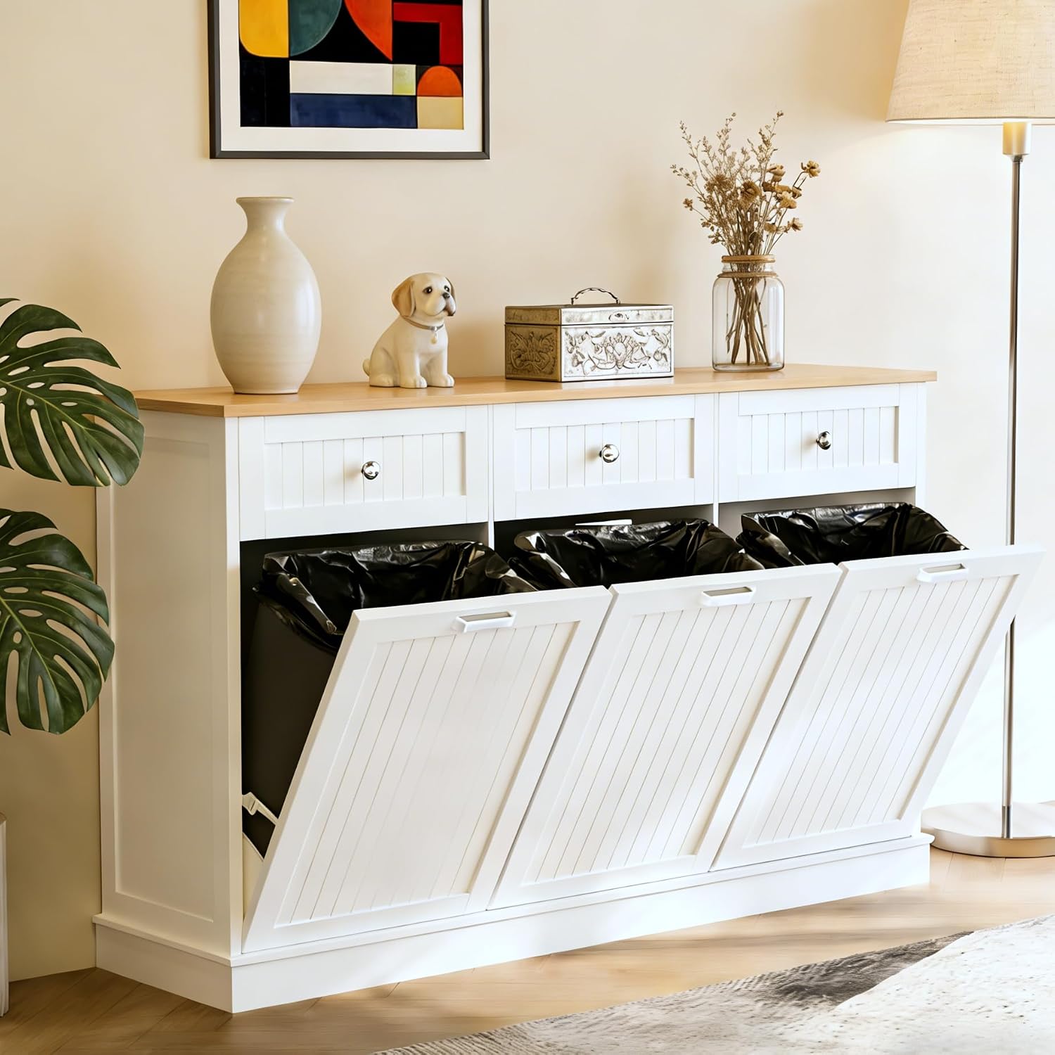 Triple Tilt-Out Trash Can Cabinet, 30 Gallons Wooden Kitchen Garbage and Recycling Bin with 3 Hideaway Drawers, Power Outlets, Pet Proof - Freestanding Laundry Hamper Storage for Bathroom, White