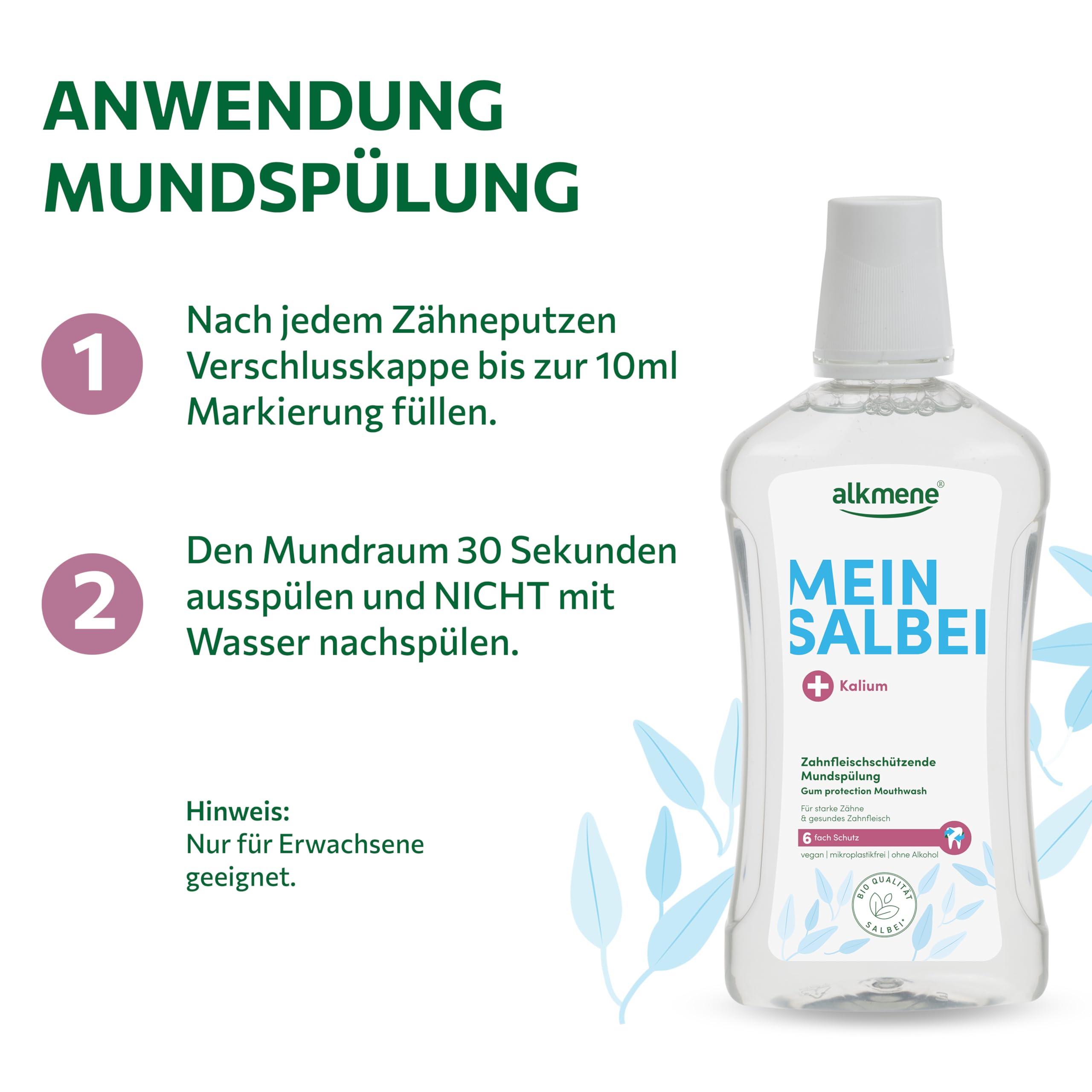 alkmene Zahnfleischschützende Mundspülung ohne Alkohol 500 ml 8er Pack | Mundwasser mit Salbei & Kalium - Vegane Mundspülung antibakteriell mit 6-fach Schutz - Mouthwash