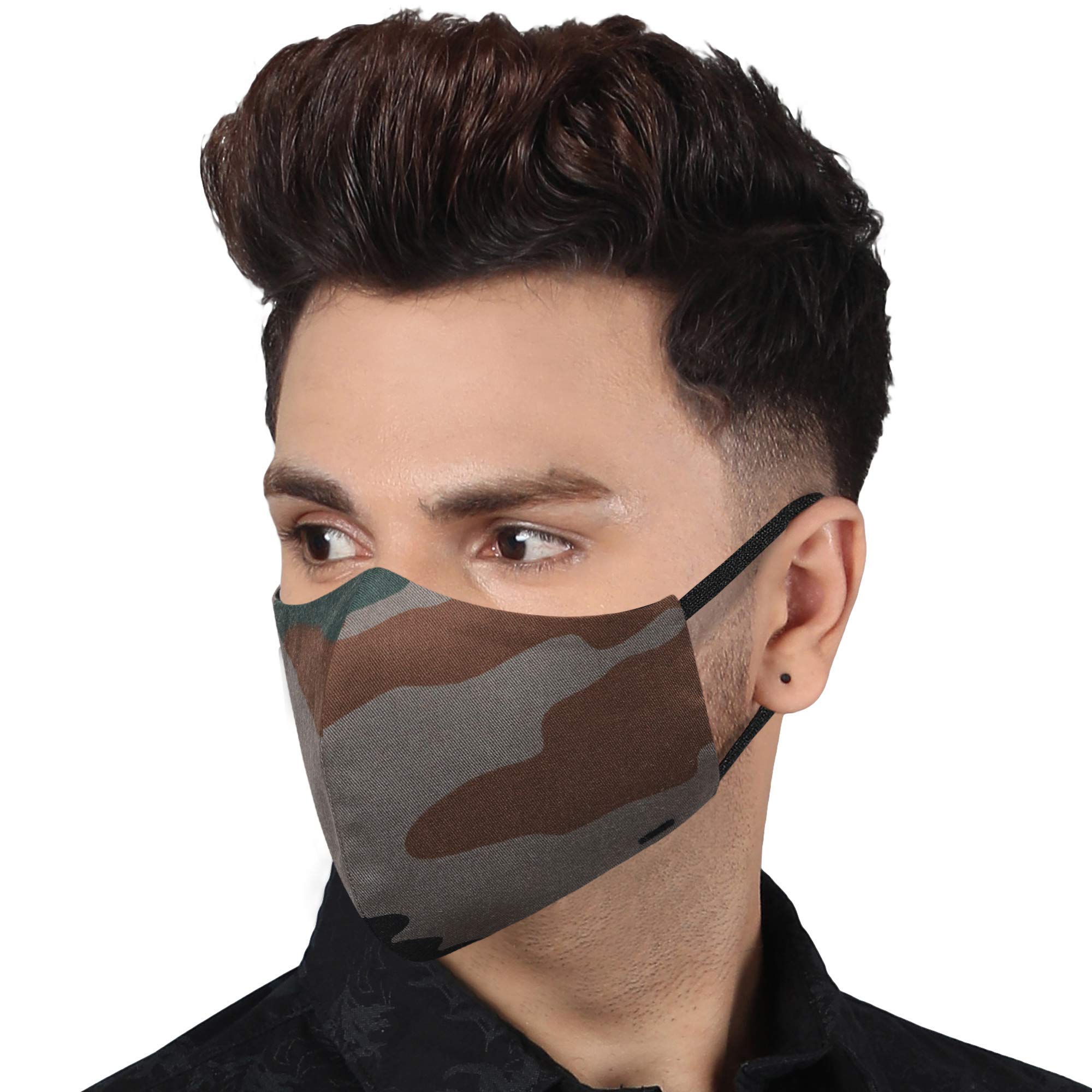 MASQ By Q-One Konark 4 Layer, Reusable, with Ear Adjusters, Anti-Bacterial (BFE>99%) Cotton Cloth Face Mask for Men, Boys (Large, Black-Green-Camouflage, Pack of 3), Without Valve