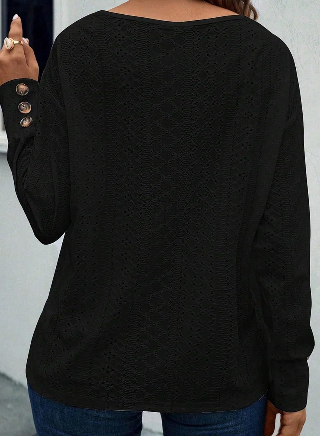 Eytino Plus Size Tops for Women Casual V Neck Long Sleeve Buttons Hollow Out Lace Embroidered Blouses Shirts(1X-5X) - Image 2