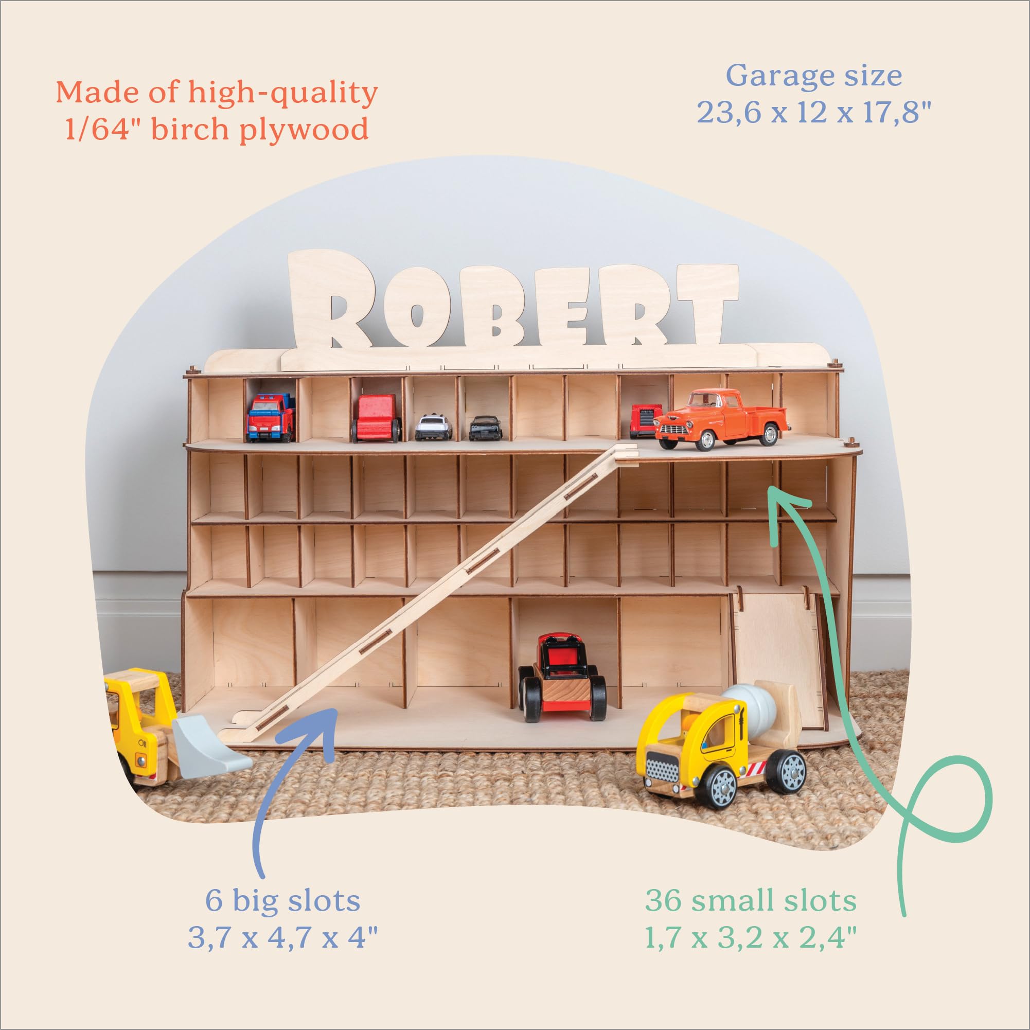 TOYBOX Nachhaltiges Holzspielzeug Auto Garage Set mit individuellem Namen, Spielzeug für Kinder ab 3 Jahren