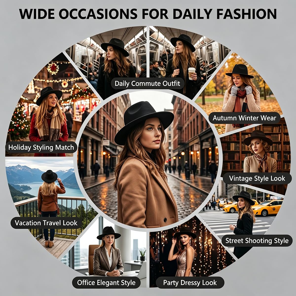 Fedora Chapeau classique noir à large bord pour homme et femme, chapeau d'église 56-58 cm, style vintage