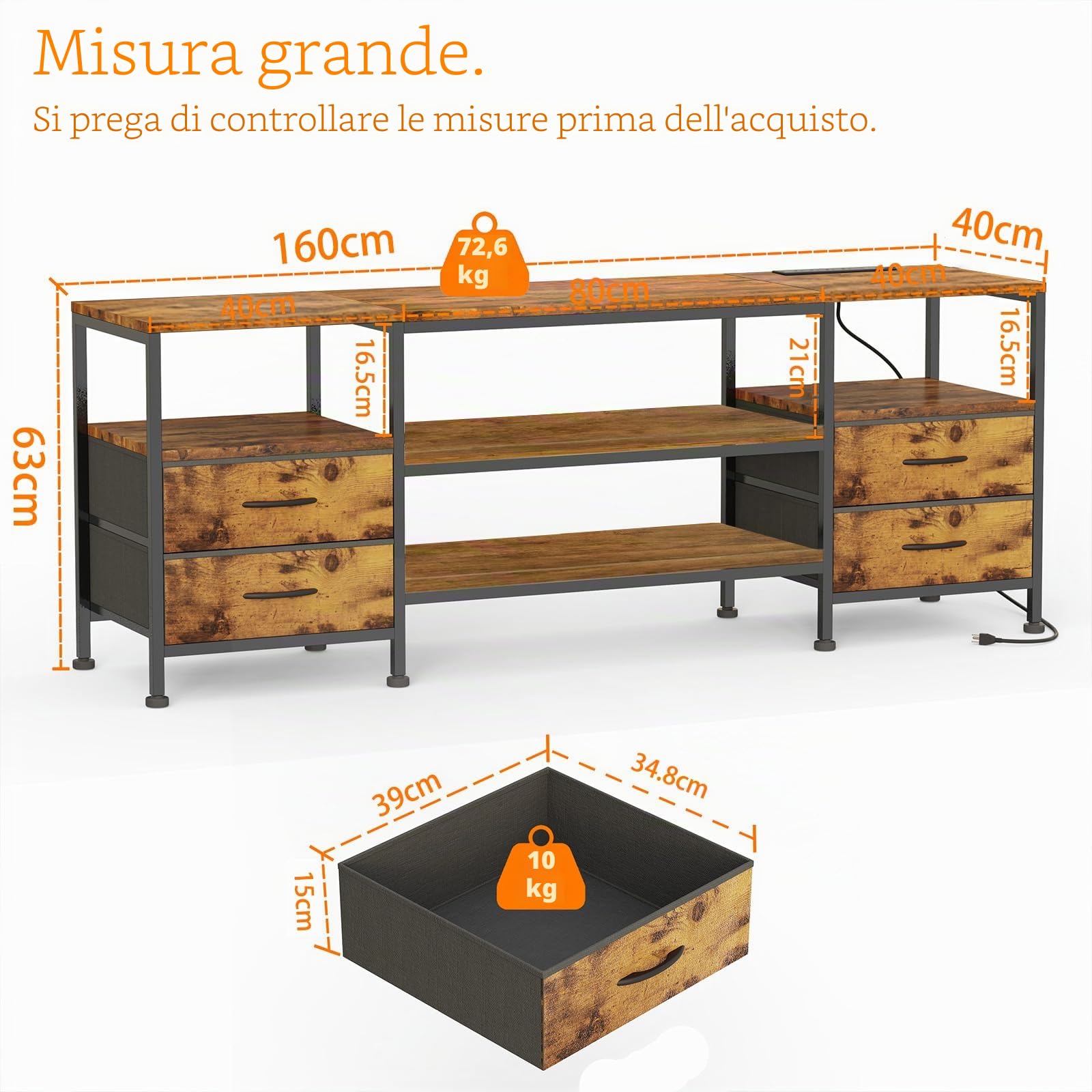 Mobile TV Legno, Mobile Porta TV con Presa e Striscia Luminosa a LED, Cassettiera in Tessuto con 4 Cassetti e 4 Ripiani Aperti,160x40x63 cm