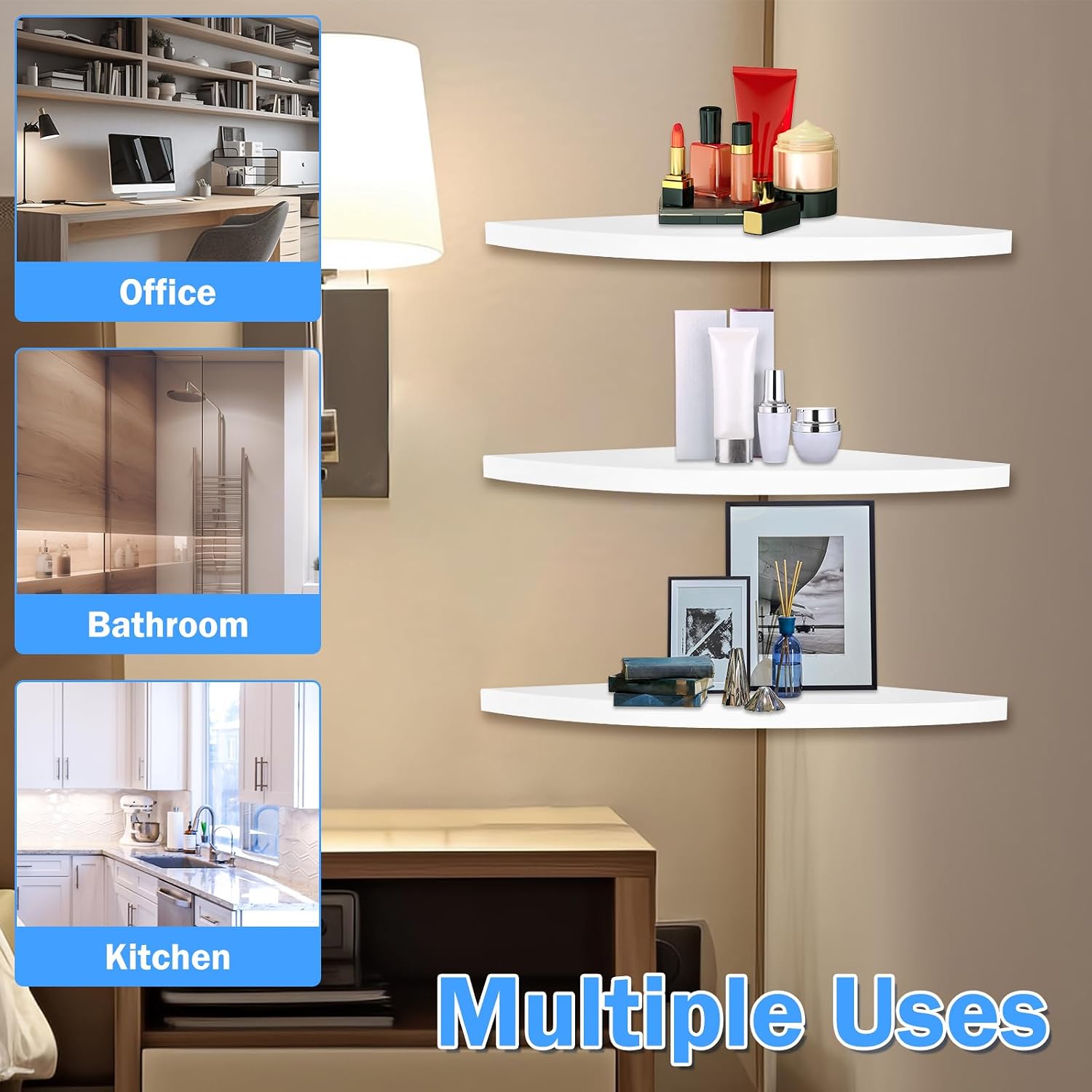 3/6Pcs Corner Mounting Shelf Wall Mounted Space Saving Wall Corner Shelf Easy to Install Floating Shelves Minimalist for Bedroom Living Room Bathroom(White,Radius 20cm6 Pieces)