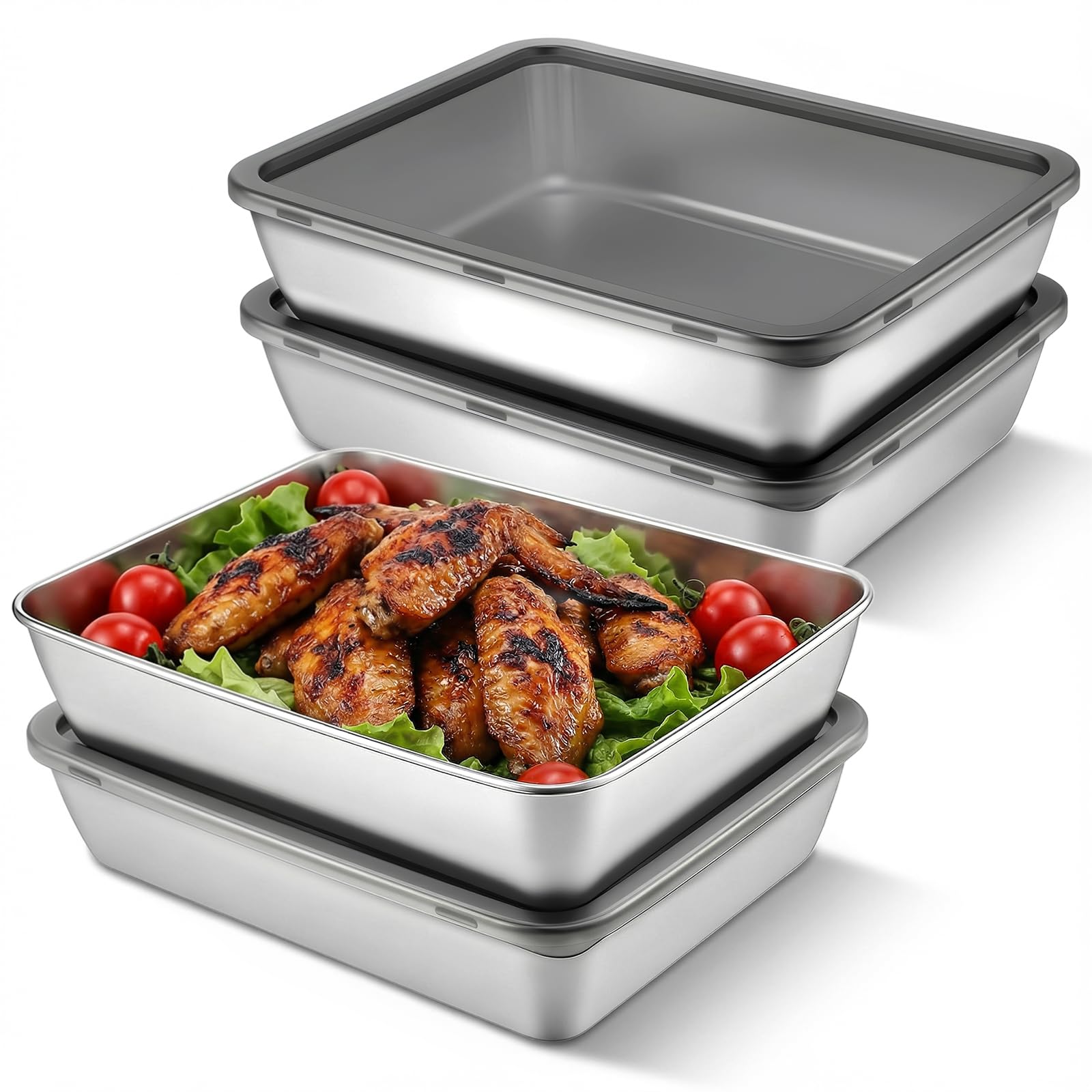 Photo 1 of ***LIDS BROKEN***4 PCS 304 Stainless Steel Food Storage Containers with lids, 2.3 Inch Deep, 8x10 Inch Stackable Snack Storage Boxes Stainless Steel Oven plate Deli Meat Keeper for Refrigerator or Picnic, Office, Gym
