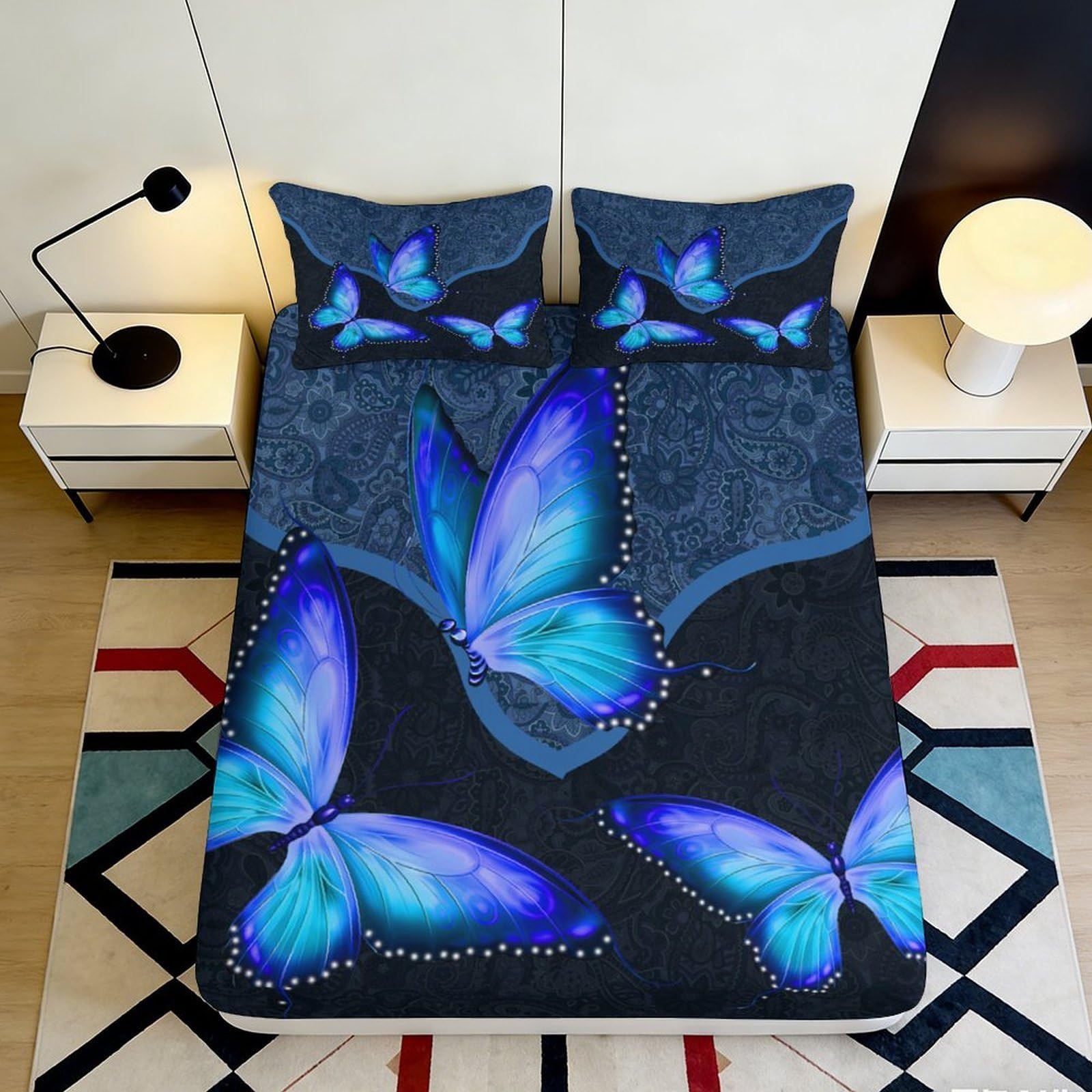 3D Printed Blue Butterfly Fitted Sheet Microfiber Soft Breathable Paisley Pattern Bed Cover for Bedroom Dormitory Guest Room Mattress Protection 160x200x25cm
