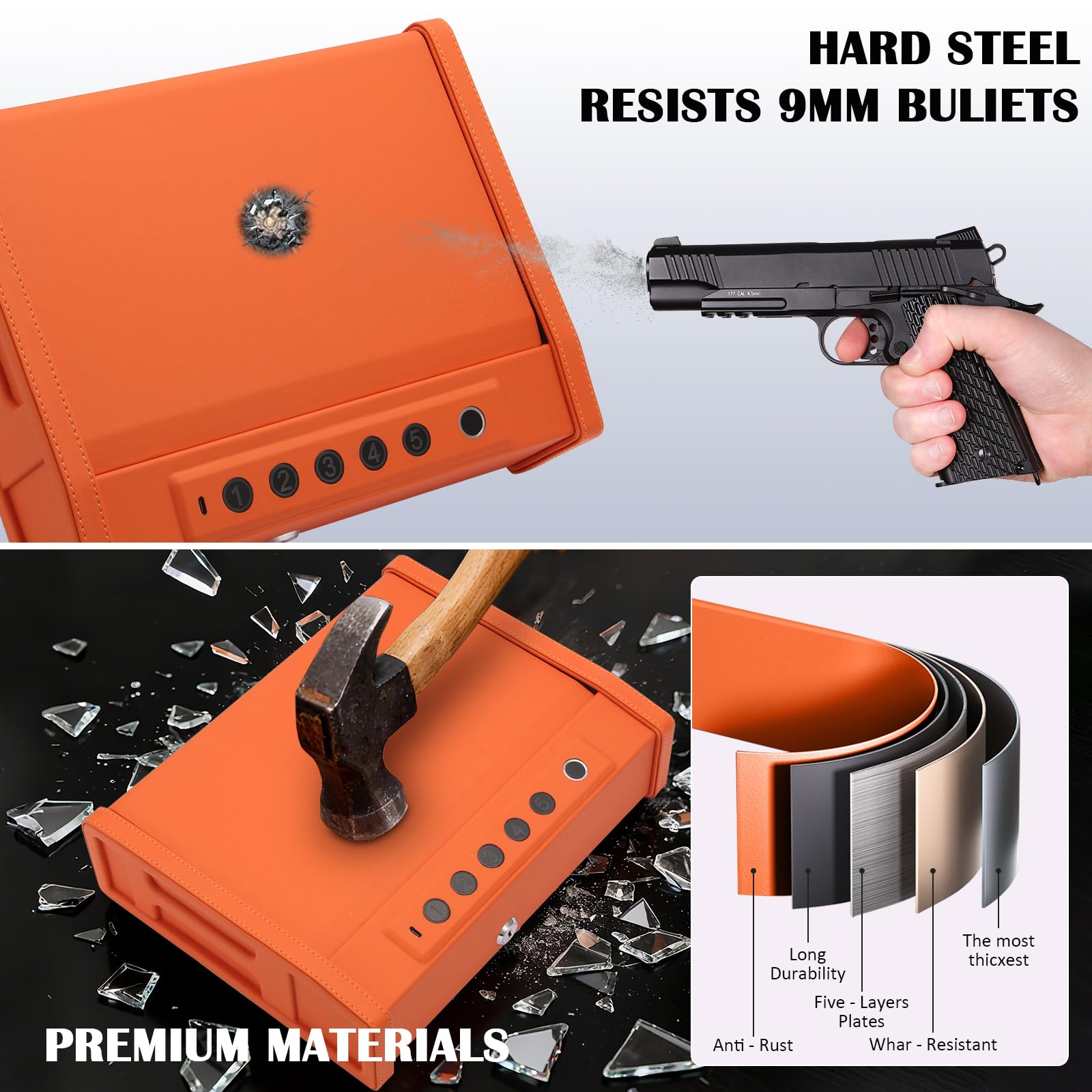 Smart Biometric Gun Safe, Acciaio al Carbonio, Arancione, Scanner di Impronte Digitali con App Control, Tastiera Digitale, Portatile con Maniglia, 15.5x11.4x4.7 Pollici, per Casa e Auto