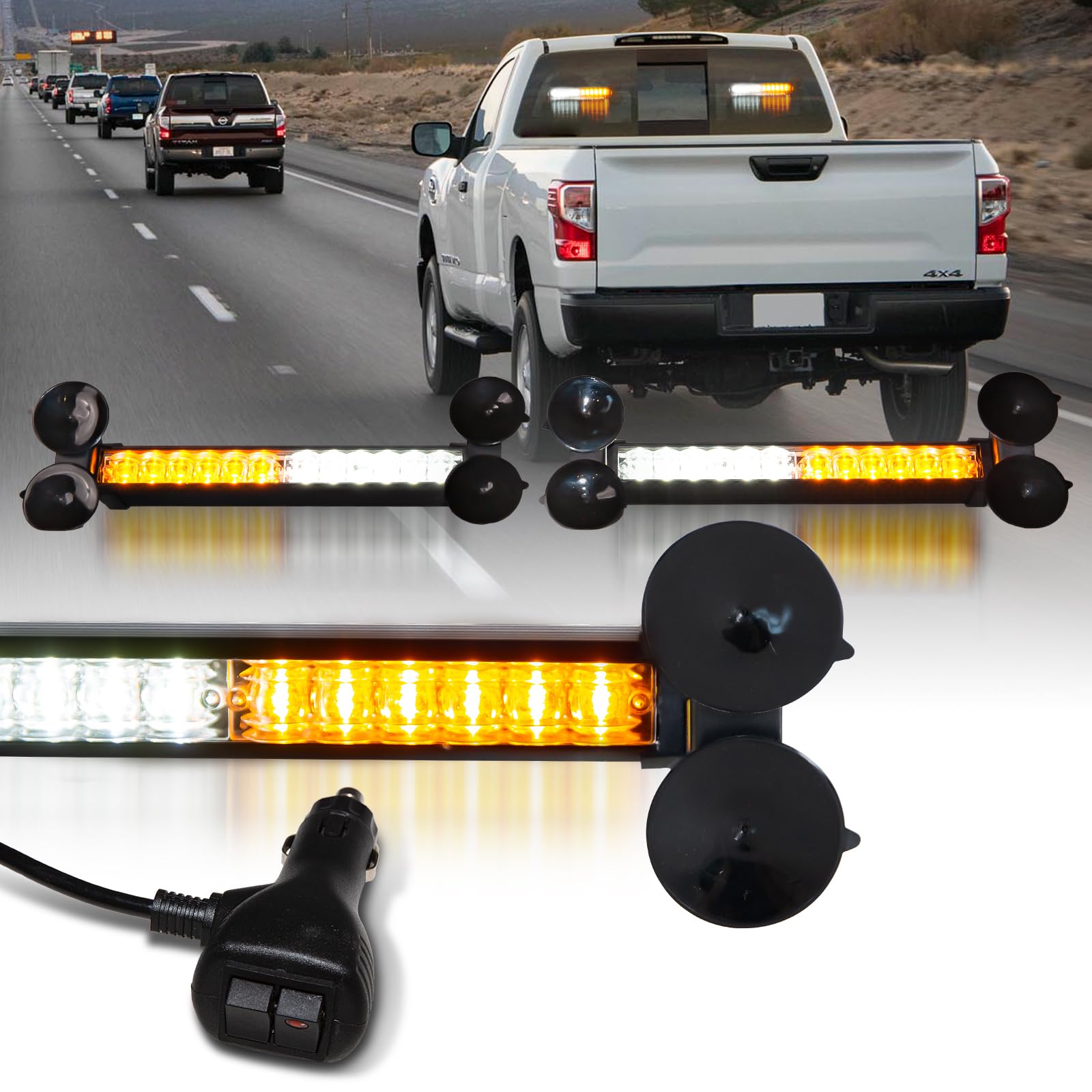 LUMENIX2x12 Inch LED Traffic Advisor Emergency Strobe Lights Bar Front/Rear Window Windshield 2-in-1 Warning Directional Flashing Lightbar for Construction Vehicles Work Trucks Snowplow- White Amber