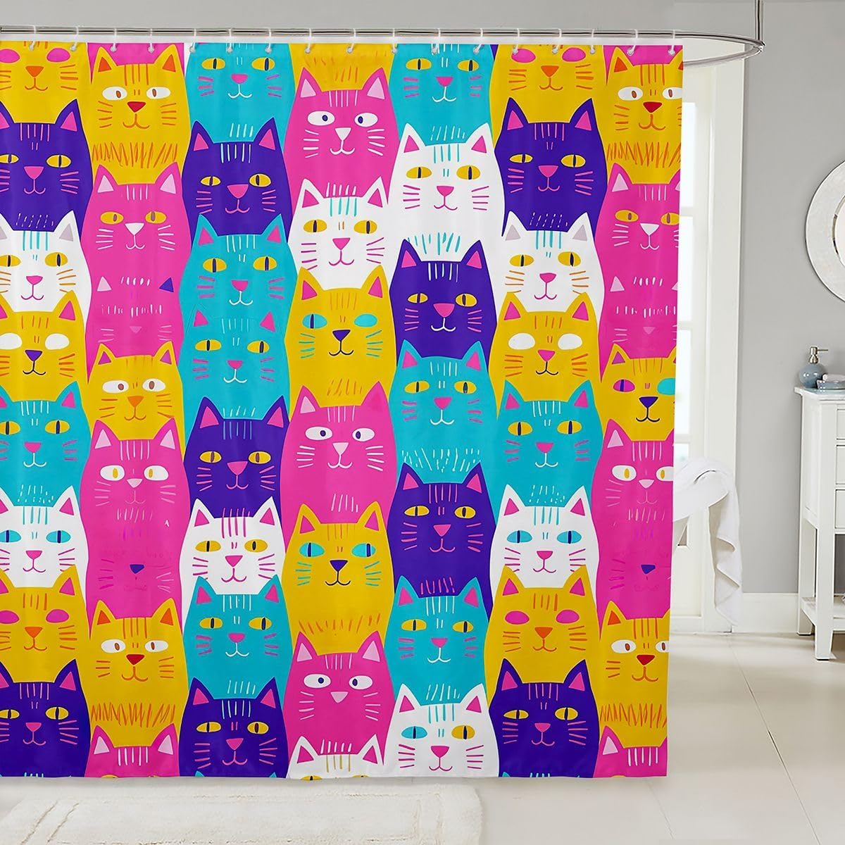 Erosebridal Kawaii Animal Shower Curtain for Kids Cartoon Cats Bathroom Curtain for Boys Girls Rainbow Bath Curtain 72Wx84L Purple White Cat Shower Curtain Multicolor Kitten Pet Bathroom Curtain