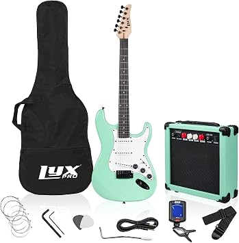 LyxPro 36 Inch Electric Guitar and Kit for Kids with 3/4 Size Beginners Guitar, Amp, Six Strings, Two Picks, Shoulder Strap, Digital Clip On Tuner, Cable and Soft Case Gig Bag -Green