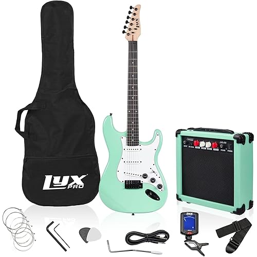 LyxPro 36 Inch Electric Guitar and Kit for Kids with 3/4 Size Beginner’s Guitar, Amp, Six Strings, Two Picks, Shoulder Strap, Digital Clip On Tuner, Cable and Soft Case Gig Bag -Green
