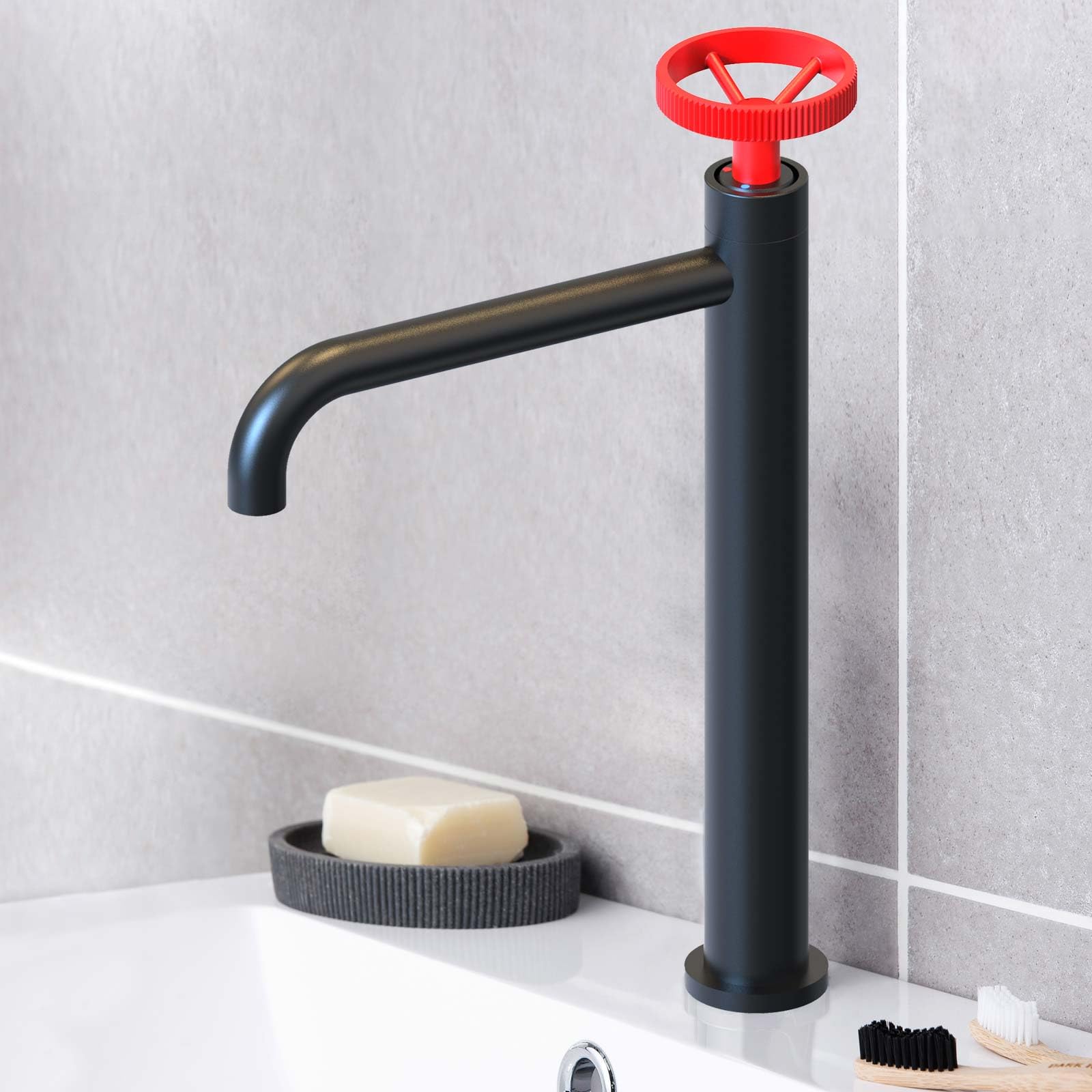 K2O Pack Columna de Ducha 83-119cm y Grifo de Lavabo Monomando 23x6,7x37cm Negro Mate Reguladores Rojos, Latiguillos y Aireador