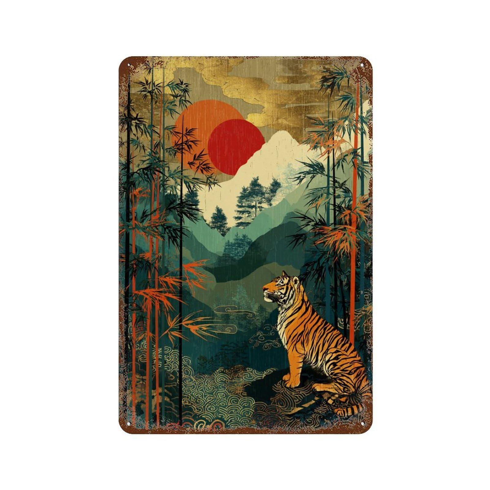 Tiger Bamboo Forest Sunset 11.8"x7.9" Rustic Tin Plaque, Novelty Wall Decor for Bistro, Counter And Cafe Decor
