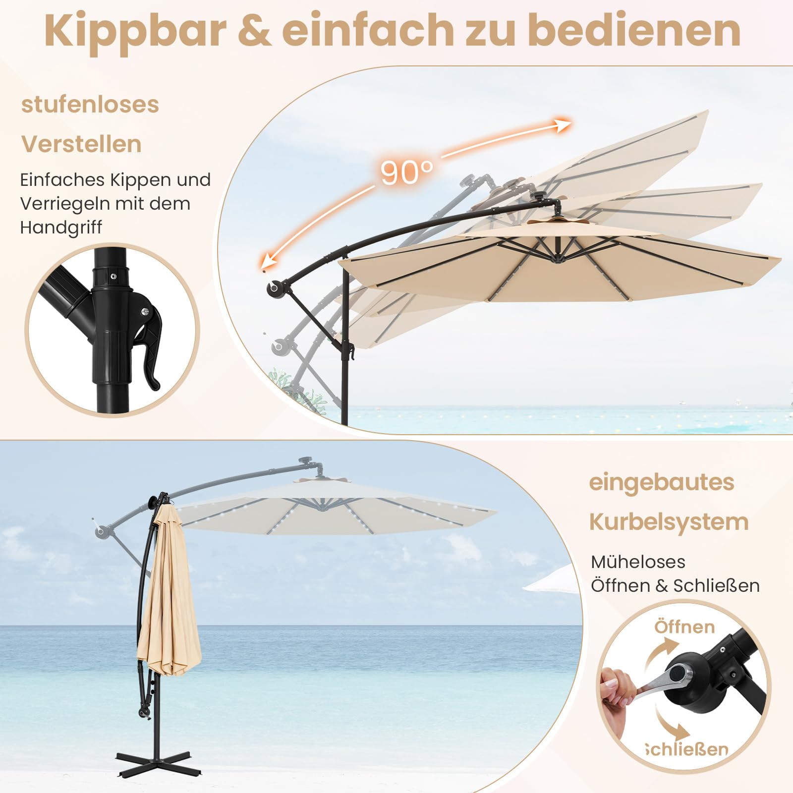 COSTWAY Parasol przeciwsłoneczny 350 cm ze stojakiem i diodami LED, parasol przeciwsłoneczny z korbą, parasol ogrodowy, ochrona przed promieniowaniem UV, parasol na taras, do ogrodu, na taras (beżowy)