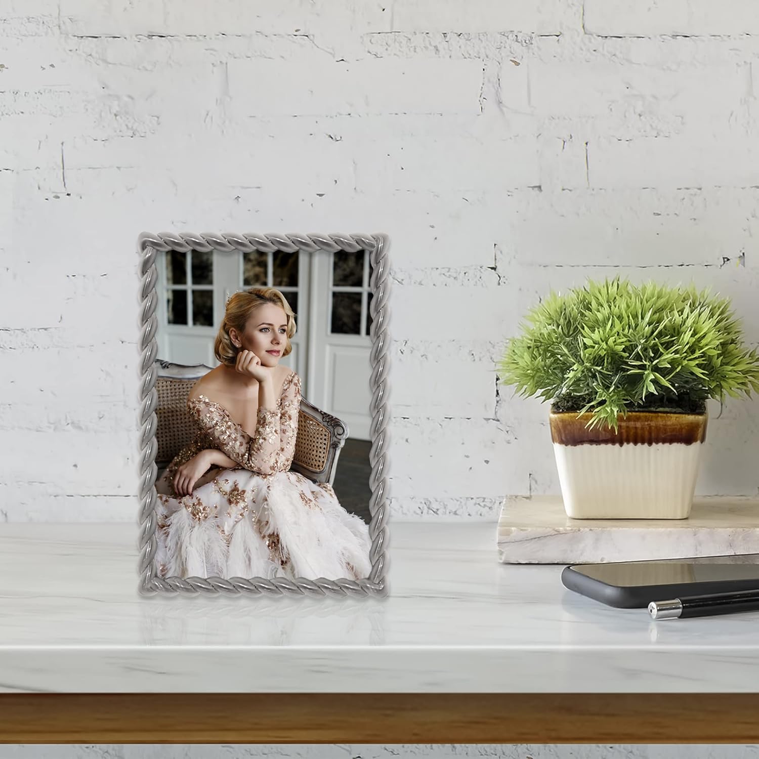 Lawrence Frames 4x6 Brushed Nickel Metal Picture Frame with Rope Design