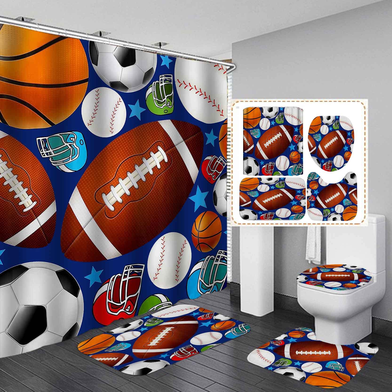 SKAILIÉ 4PCS Sports Shower Curtain Set, American Football Helmet Soccer Basketball Baseball Game Teenage Boys Kids Men Bathroom Decor, Waterproof