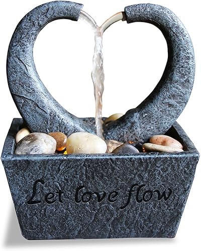 Nature's Mark Fuente de agua de relajación LED de corazón que fluye con auténticas rocas de río 10064