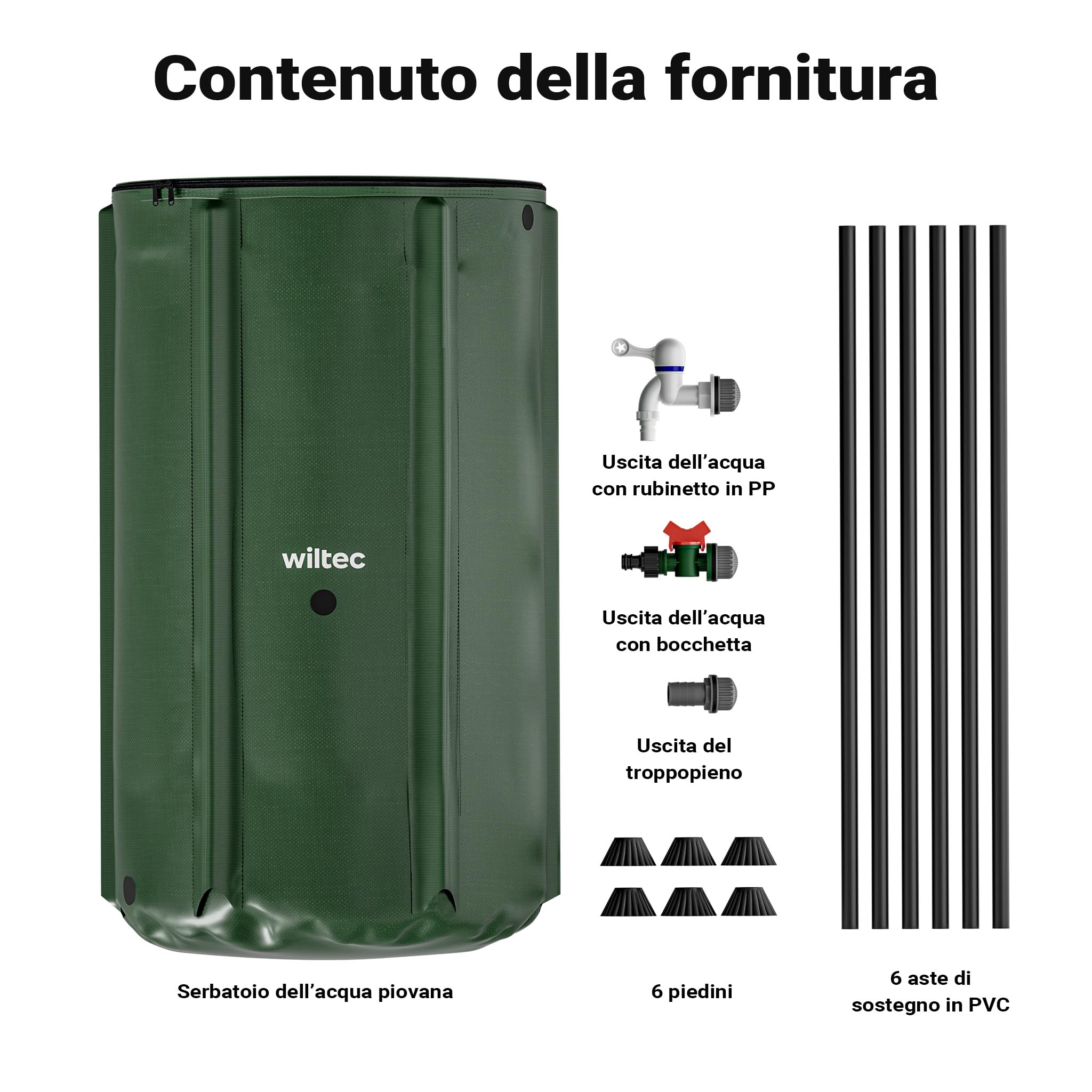 Wiltec Serbatoio acqua piovana pieghevole da 250 l, con coperchio e rubinetto, contenitore raccolta acqua piovana in PVC da 620 g/m² con attacco per tubo