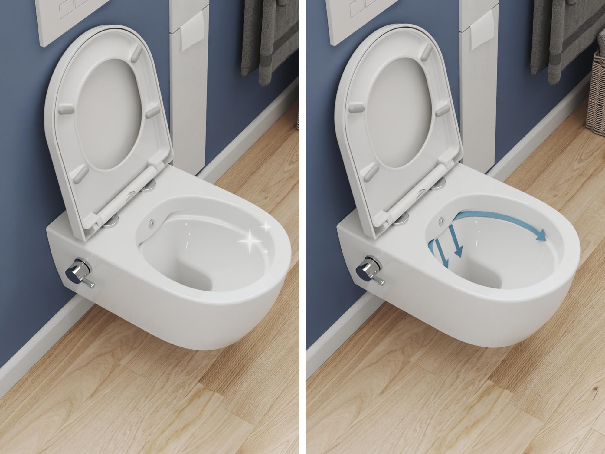 SSWW | wc douche avec siège de toilette Softclose, Taharet sans rebord, fonction bidet | 52,5 cm de long | mitigeur chaud/froid