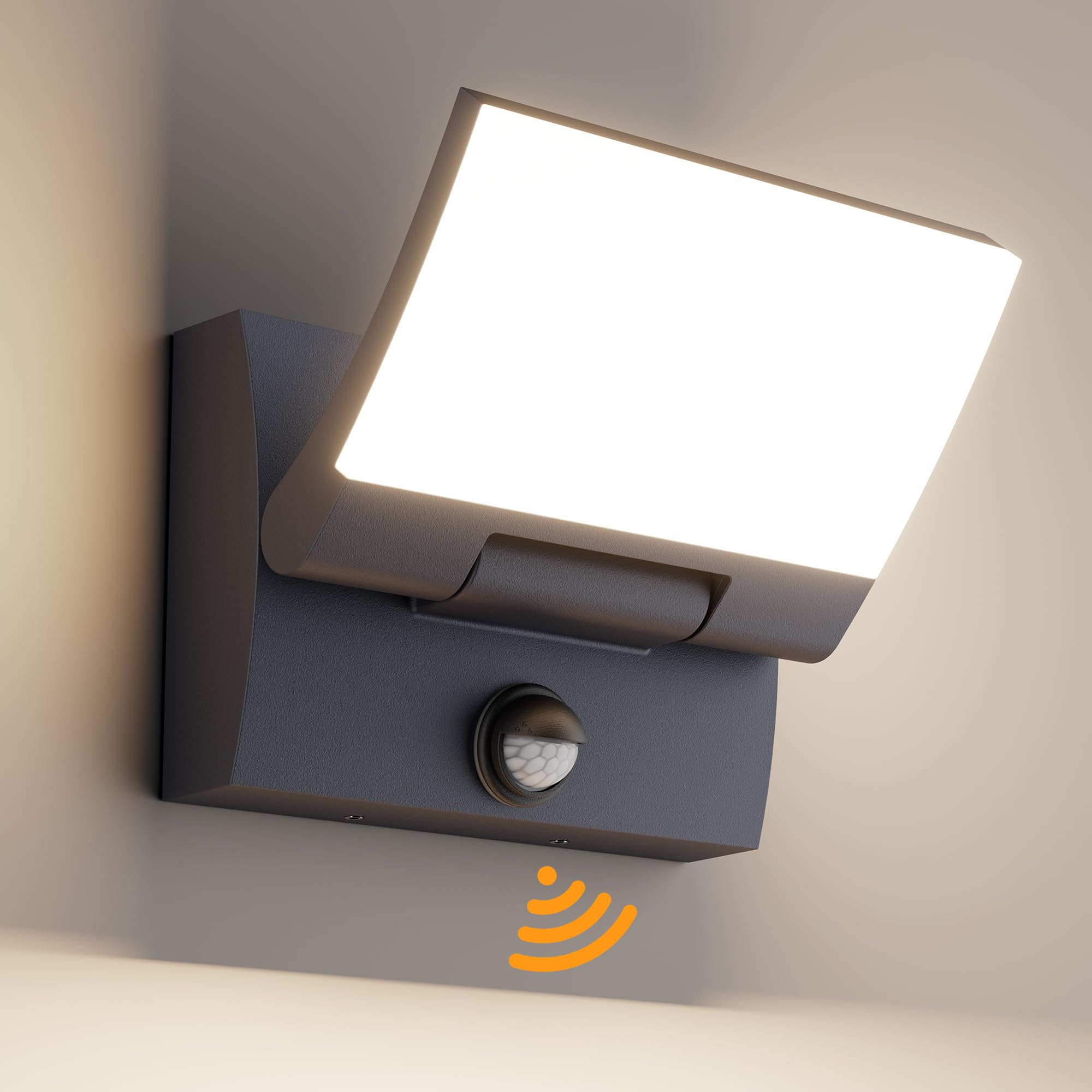 K-Bright 30W Applique da esterno con sensore di movimento,Antracite,4000K | Panel orientabile a 150°, impermeabile IP65, alluminio+PC,2000LM per Esterno/Interno (ingresso, terrazza, giardino)