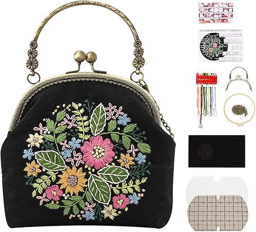 Patrón de flores bordadas de bricolaje, bolsa cruzada, kits de principiantes para adultos, cartera de bricolaje, monedero, bolso, 6.5 in (motivo de