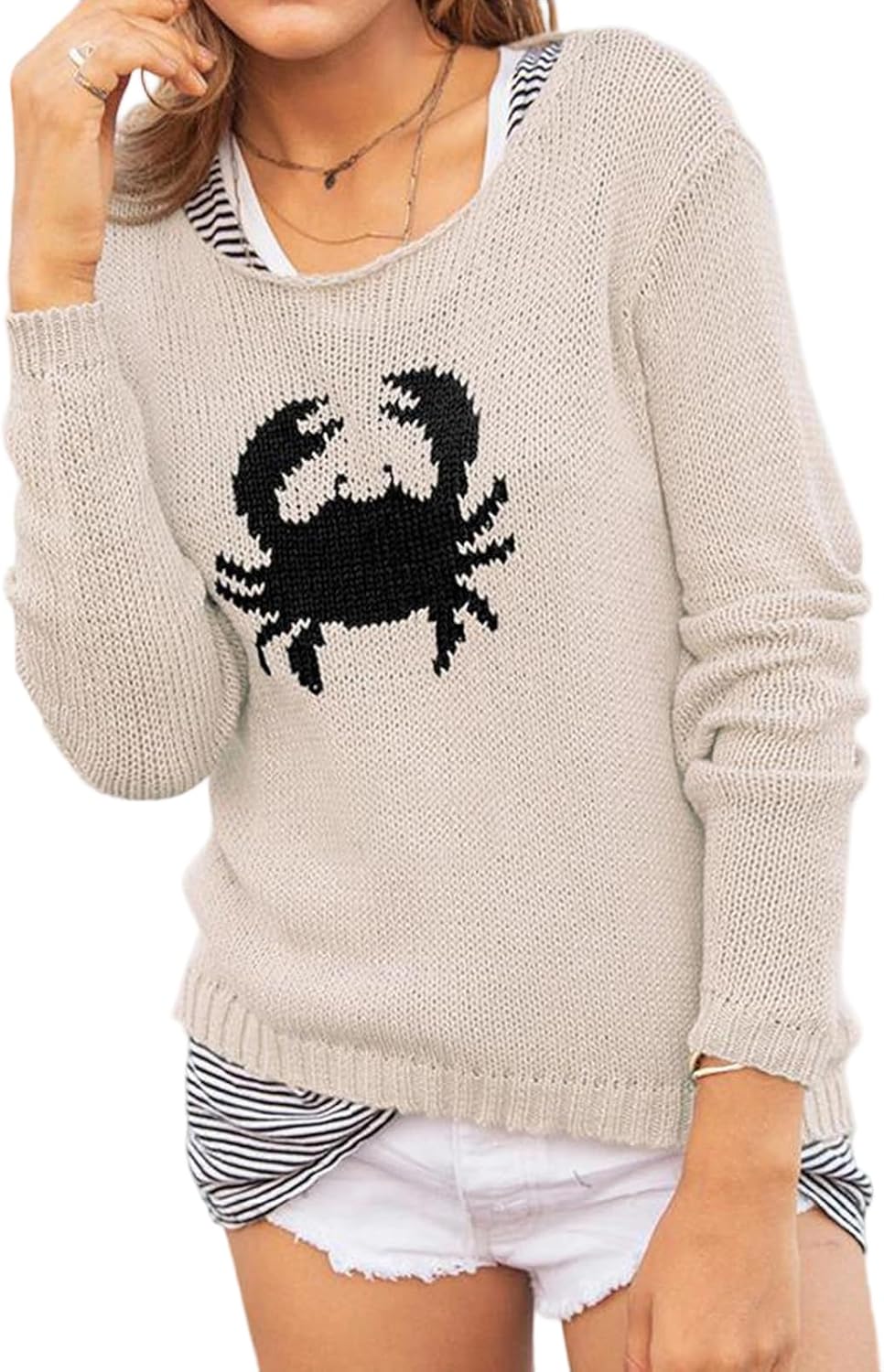 Women's Novelty Seafood Print Knit Sweater - Crab & Lobster Patterned Pullover for Casual Daily & Beach Wear, Multi Styles
