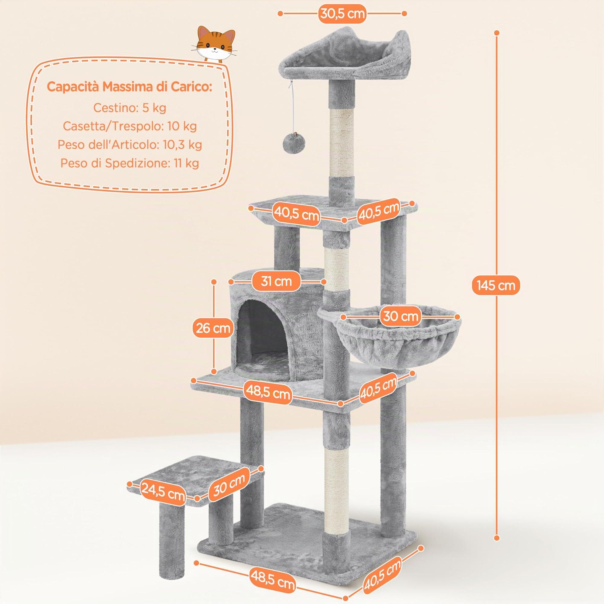 Yaheetech Albero Tiragraffi in Sisal Naturale e Truciolato 48,5 cm × 40,5 cm × 145 cm Torre per Gatti con Posatoio Gioco Condominio Grigio Chiaro