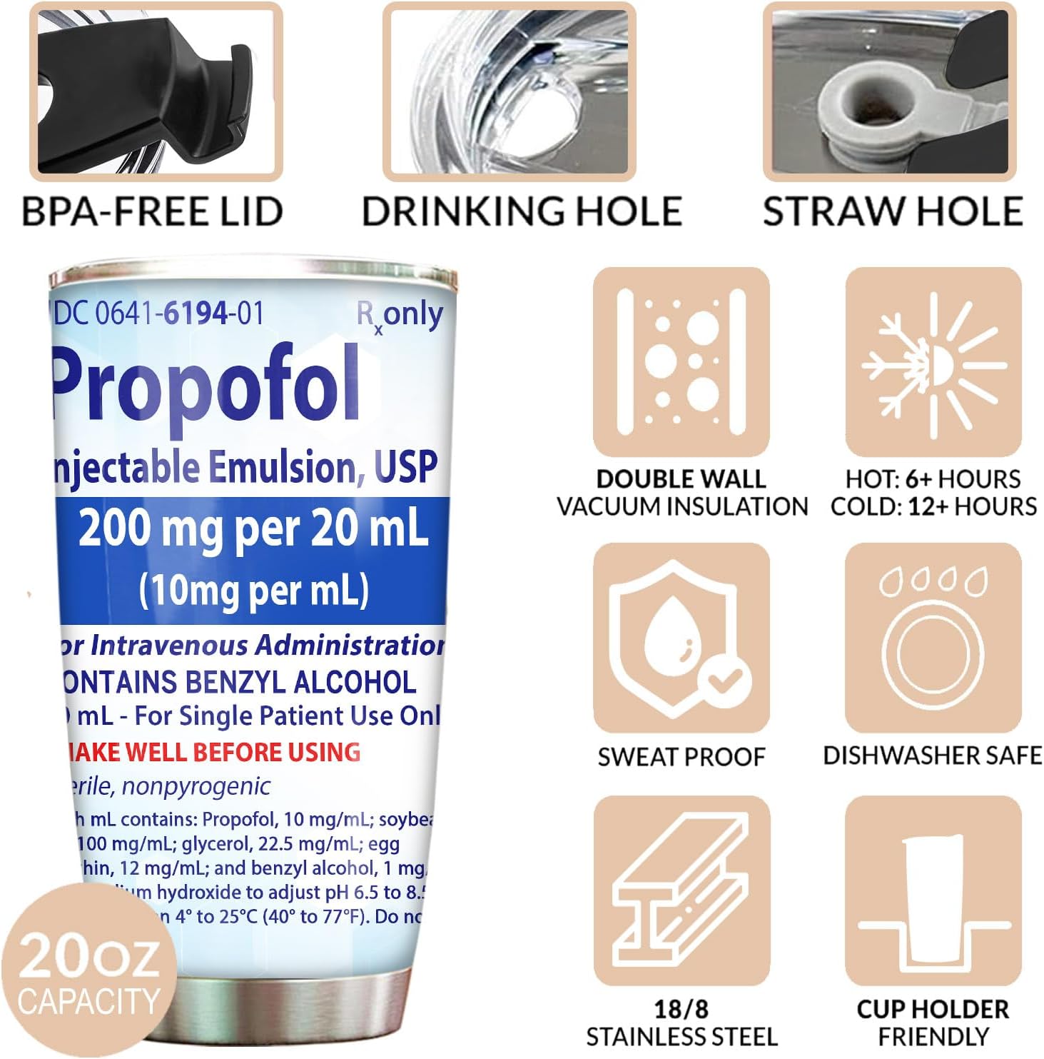 Propofol Tumbler For Nurse Straw Lid 20oz, Medical Nursing Student Graduation Gift, Nurses Week Gift For Nurse ICU ER Emergency Doctor RN CRNA Vet Tech Surgical Tech Medication Tumbler - Image 3