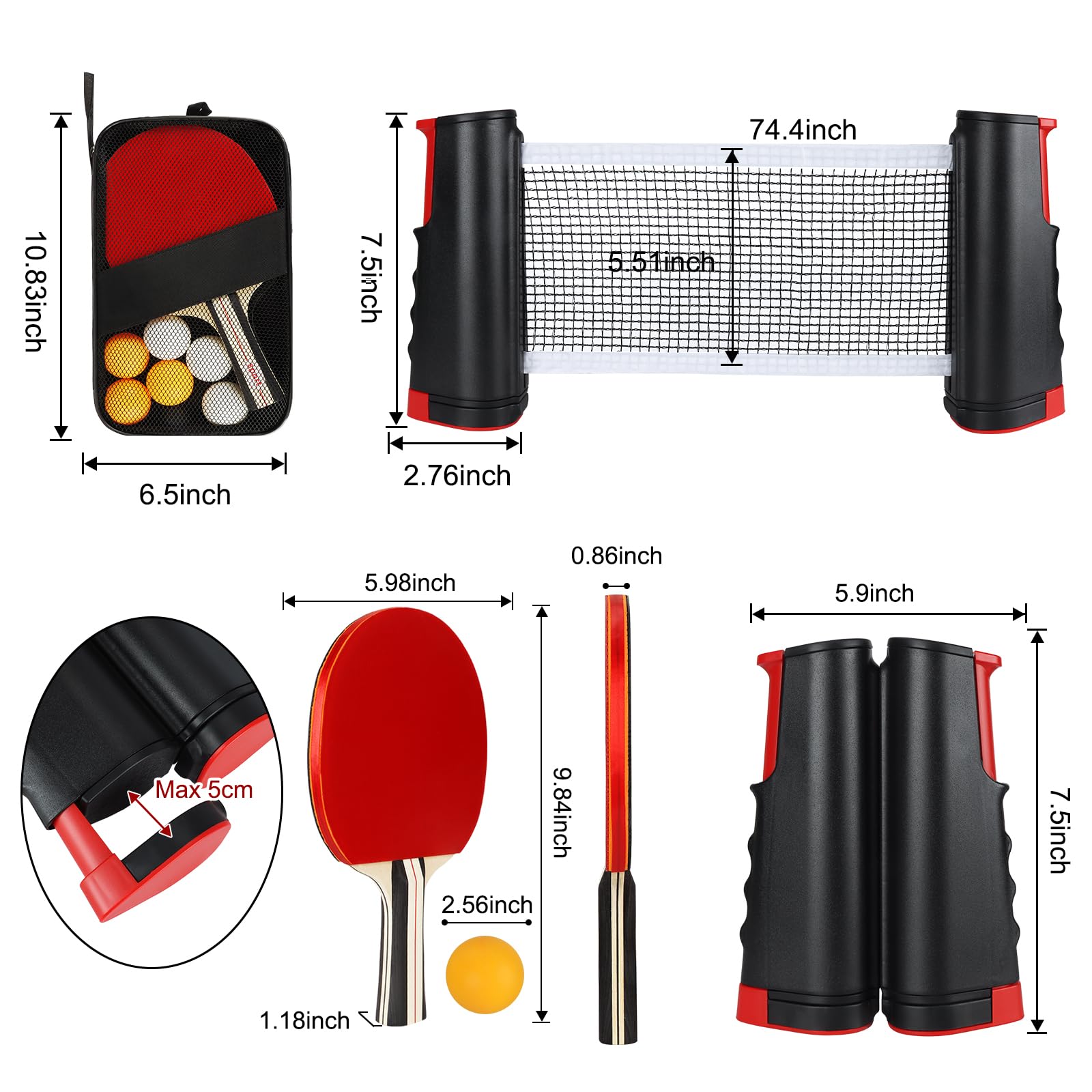 Set de Tennis de Table,2 Raquettes de Tennis de Table,6 Balles,Filet Rétractable et Sac de Transport,Ping Pong Kit pour Débutants et Joueurs Confirmés,Idéal pour Jeux Intérieurs et Extérieurs