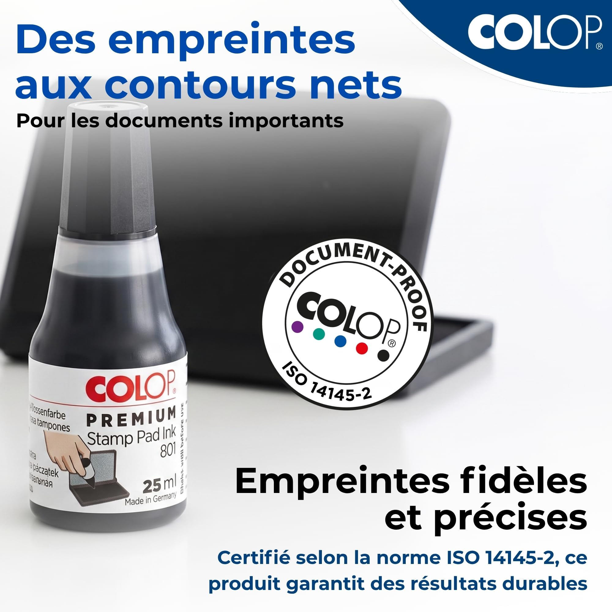 Encre de recharge COLOP 801 | Noir | 25 ml | Indélébile | Encre à base d'eau pour tampons en feutre et mousse. Testée dermatologiquement, avec buse d'application incluse.