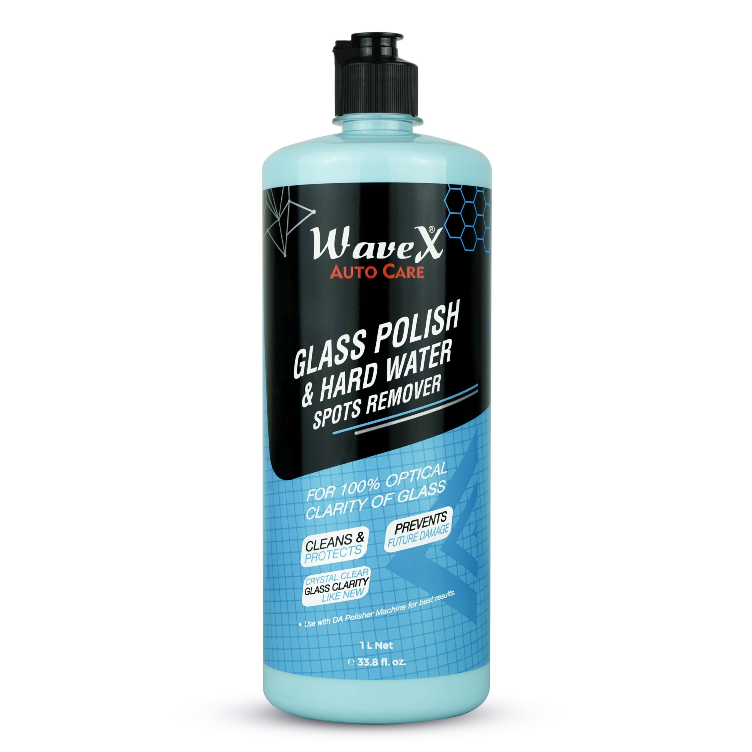 WaveX Glass,Blue, Black Polish & Hard Water Stain Remover (1L) | Car Polish for Windshield, Glass & Mirrors | Car Glass Polish & Stain Remover, Works As A Glass Cleaner, Provides Optical Clarity