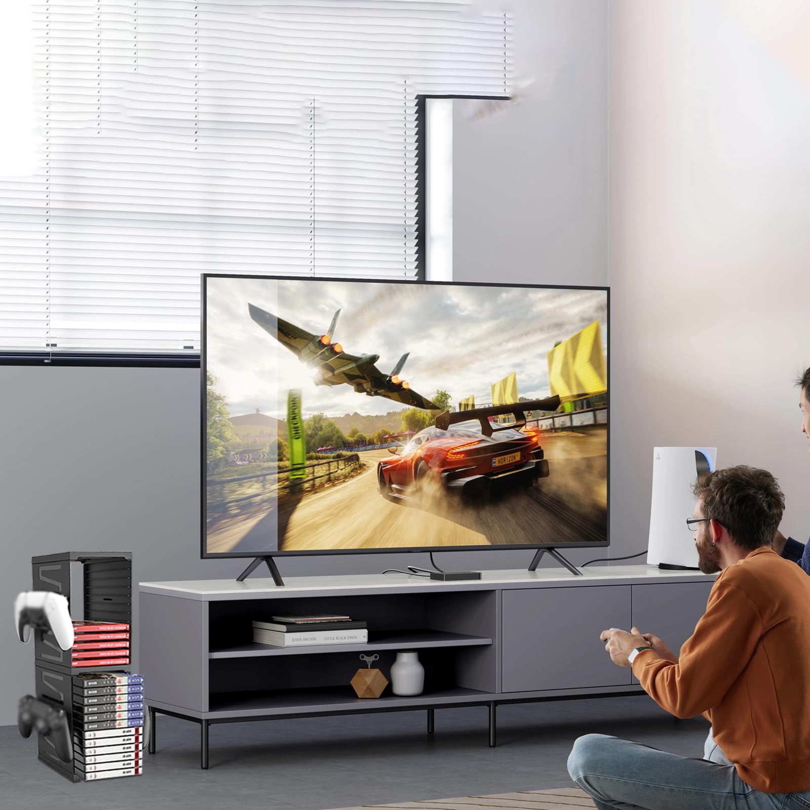 Torre de Almacenamiento de Videojuegos, Doble Capa Estante de Disco para Videojuegos de 24 Rejillas, con 4 Soportes para Controladores para Controladores para PS5, PS4