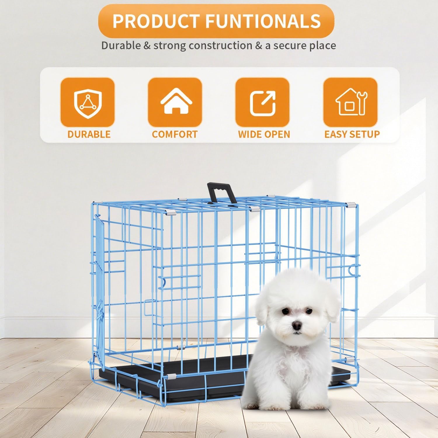 PayLessHere 18 Inch Dog Crate Kennel for Small Dogs Metal Cage Single-Door Folding Travel Indoor Outdoor Puppy Playpen with Divider and Handle Plastic Tray,Blue