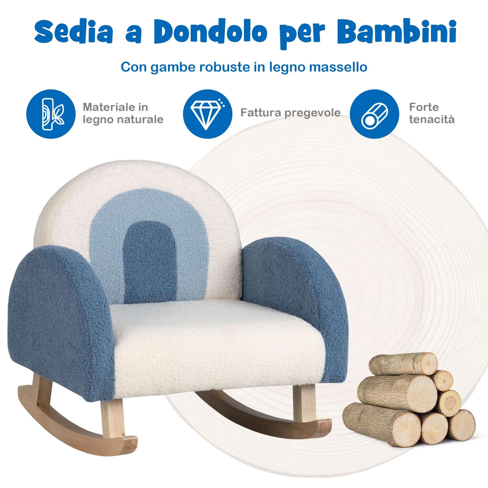 COSTWAY Sedia a Dondolo per Bambini con Gambe in Legno Massello, Poltrona per Bambini di 3-5 Anni, Divanetto Singolo Imbottito per Cameretta, 50,5 x 49 x 50,5 cm, Portata 50 kg (Blu)
