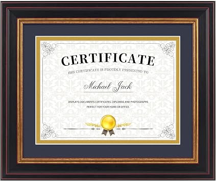 Frametory, 6x8 Diploma Frame with Navy Blue/Gold Double Mat or 8x10 Without Mat, Black Gold & Burgundy, Easel Stand, Wall Display or Tabletop for Pictures/Certificates/Documents, Real Glass