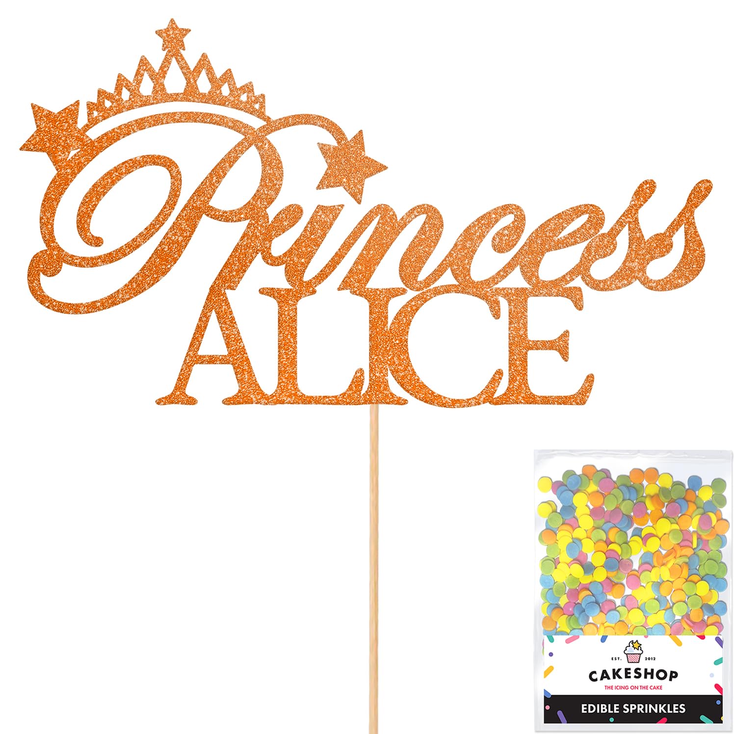 Personalised Birthday Princess Glitter Cake Topper- Copper Orange Any Custom Name Glitter Cake Decoration and Sprinkles - Happy Birthday Decorations - Personalised Toppers for Cakes by Cakeshop — image 1