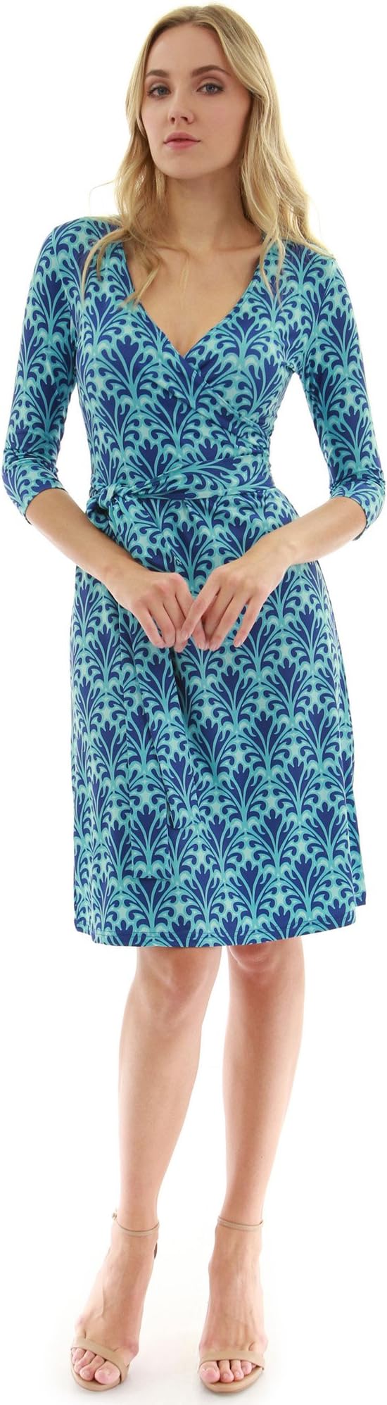 PattyBoutik Women Faux Wrap A Line Dress (Turquoise and Navy Blue 14 Medium)