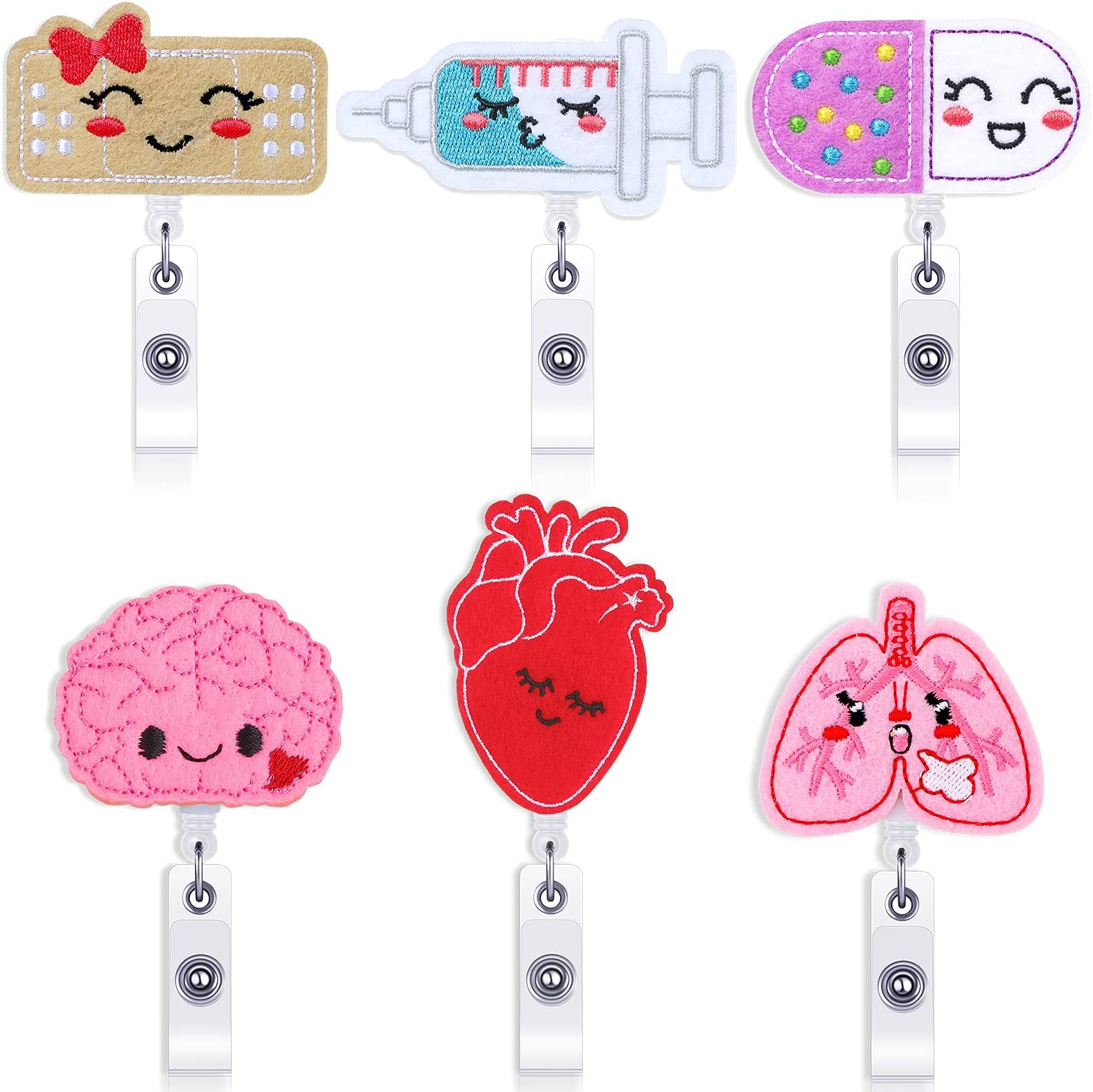 6 Pieces Nurse Badge Reels Nurse Day Gift Felt Retractable ID Badge Holders Brain Lung Heart Pill Bandage Syringe Badge Reel with Alligator Clip for Nurse Doctor Teacher Student, 6 Designs